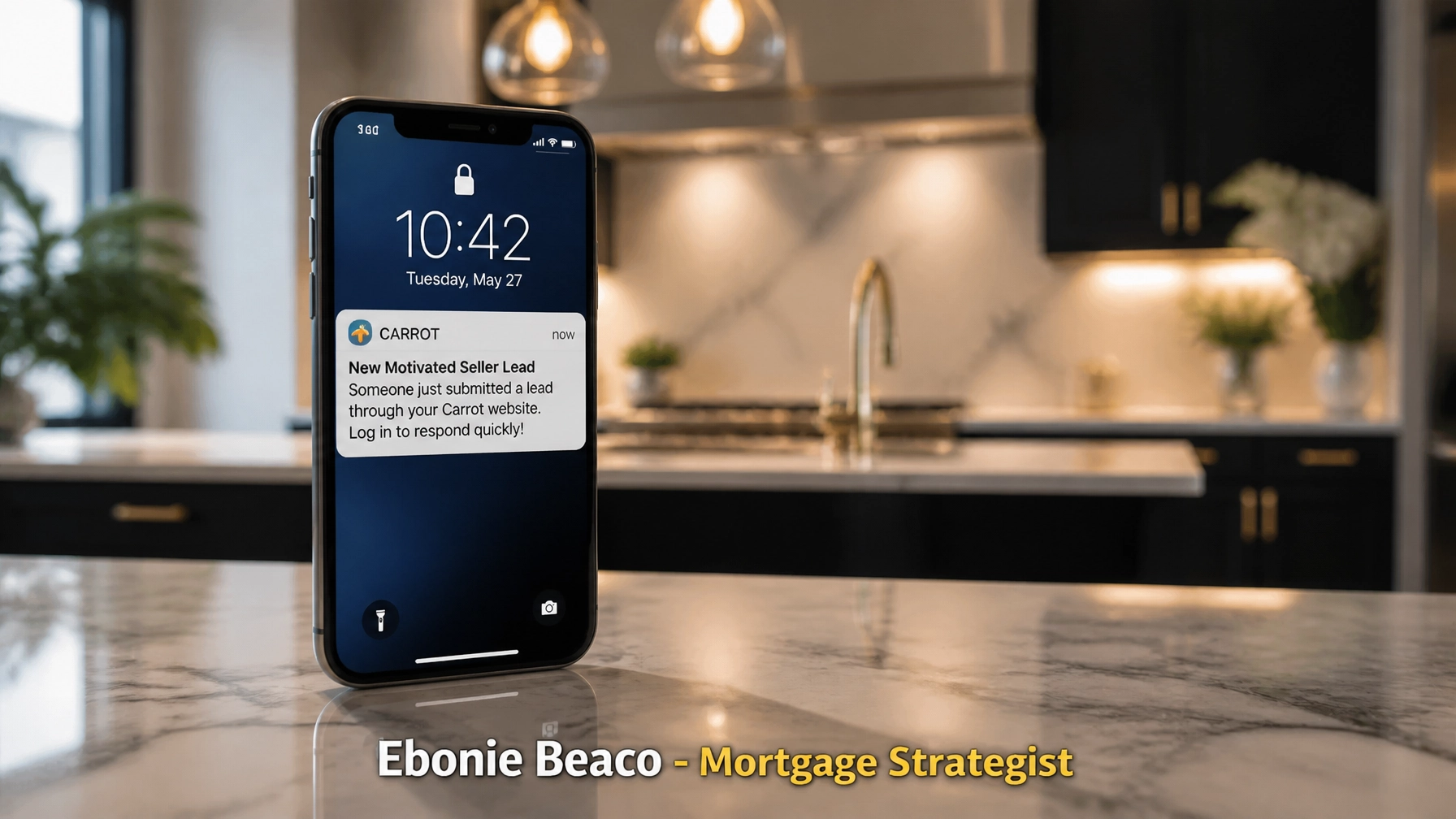 A modern smartphone displaying a 'New Motivated Seller Lead' notification from a high-converting website platform