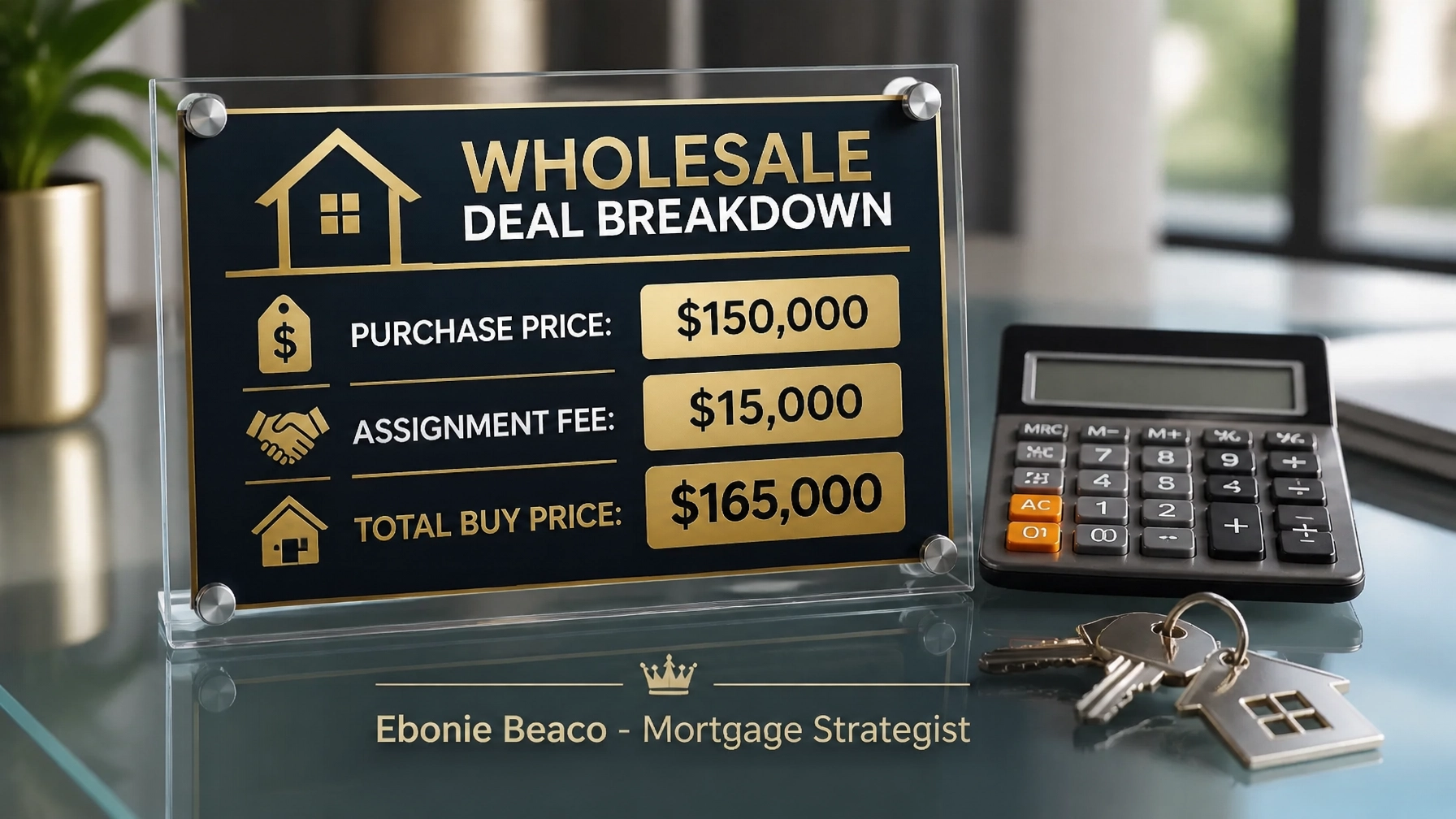 Wholesale deal breakdown infographic showing purchase price, assignment fee, and total buy price calculations
