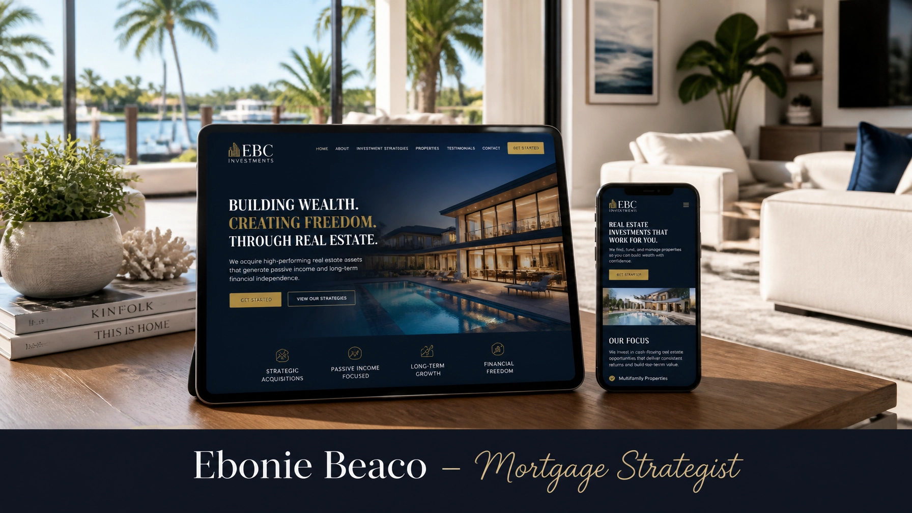 A high-performance real estate investor website being displayed on a tablet and smartphone in a luxury setting.