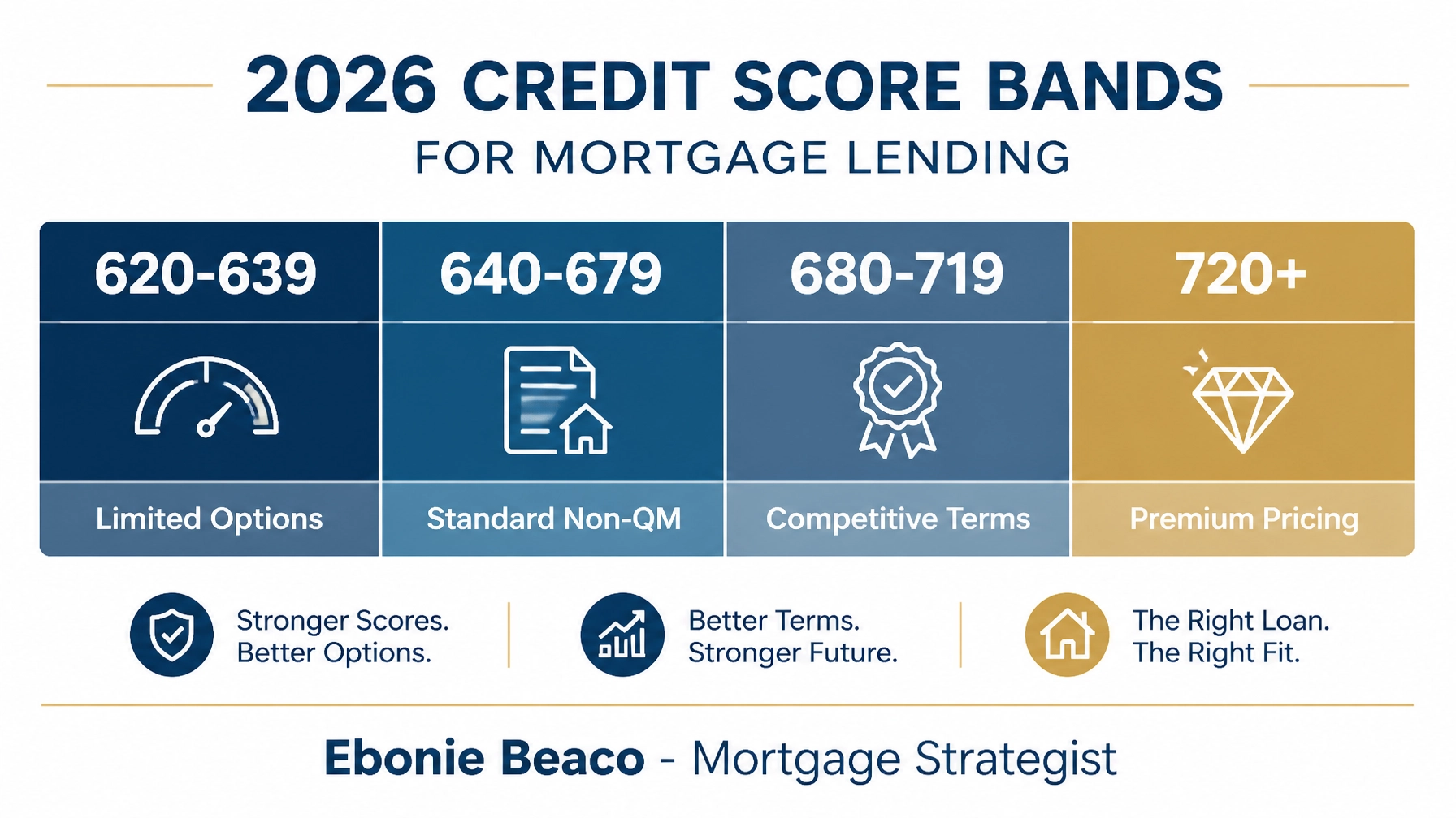 Infographic showing 2026 credit score bands for mortgage lending