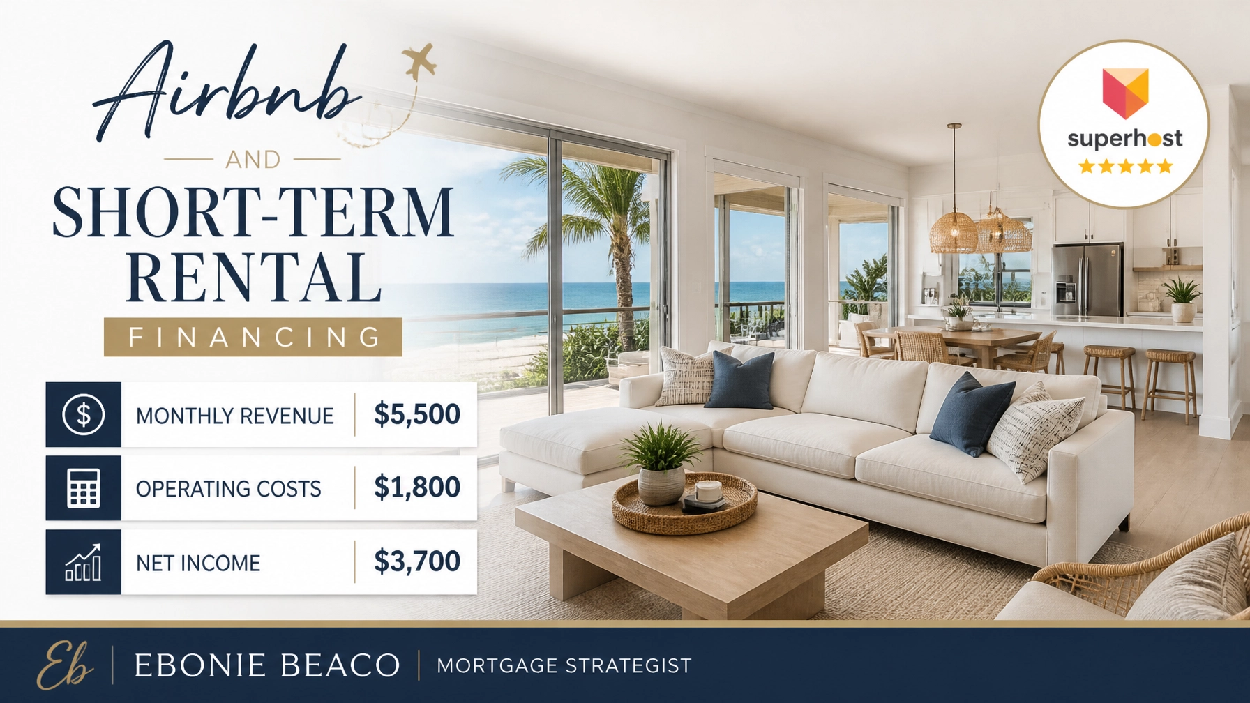 A professional travel-themed real estate graphic for Airbnb and Short-Term Rental Financing.