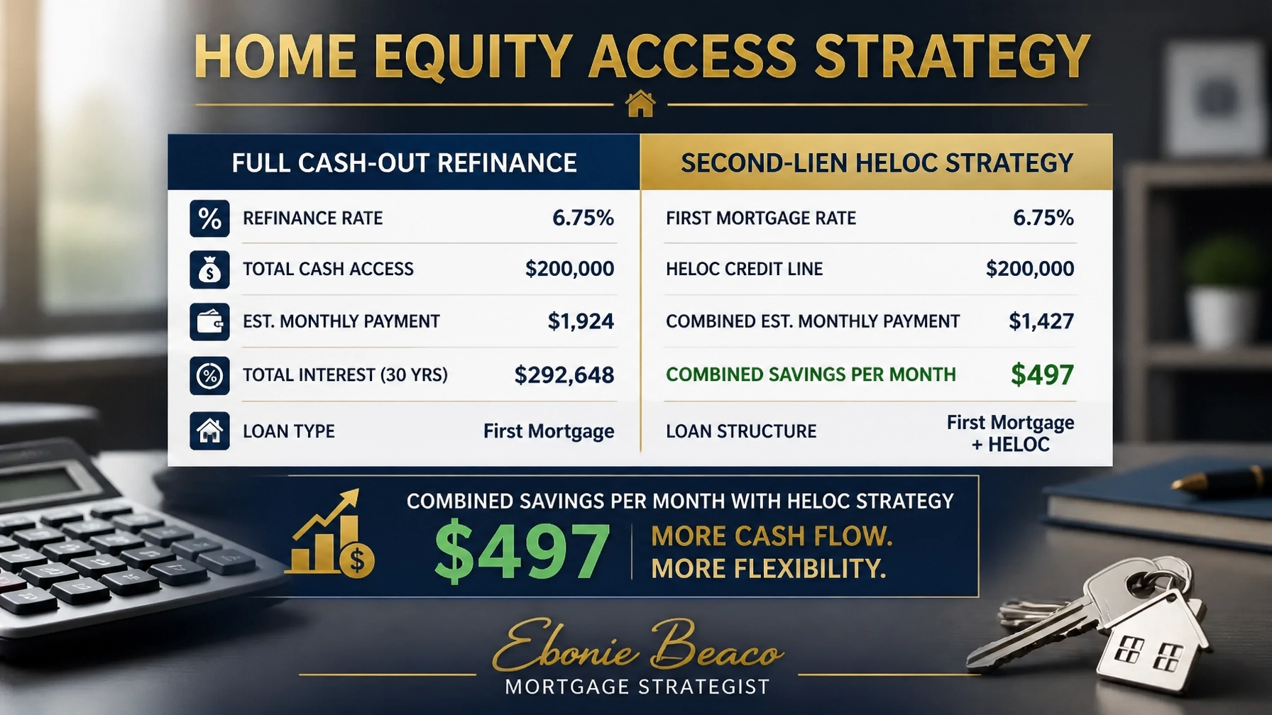 A comparison chart showing the monthly savings of a HELOC strategy over a full cash-out refinance.