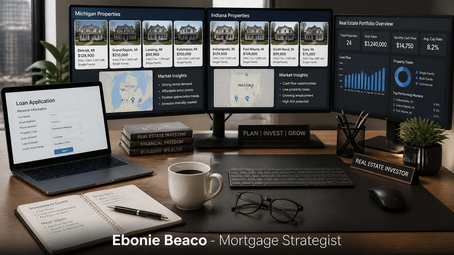 Real estate investor workspace with property listings and loan applications