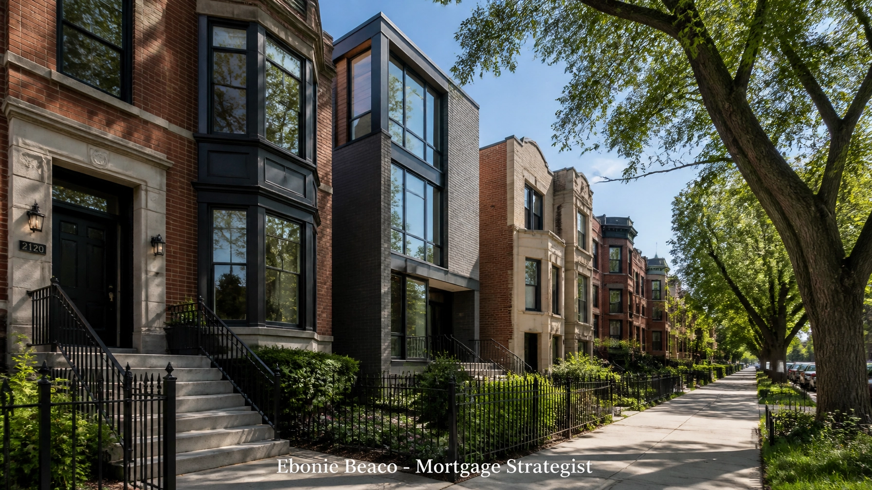 Chicago residential street showing brownstones and modern housing