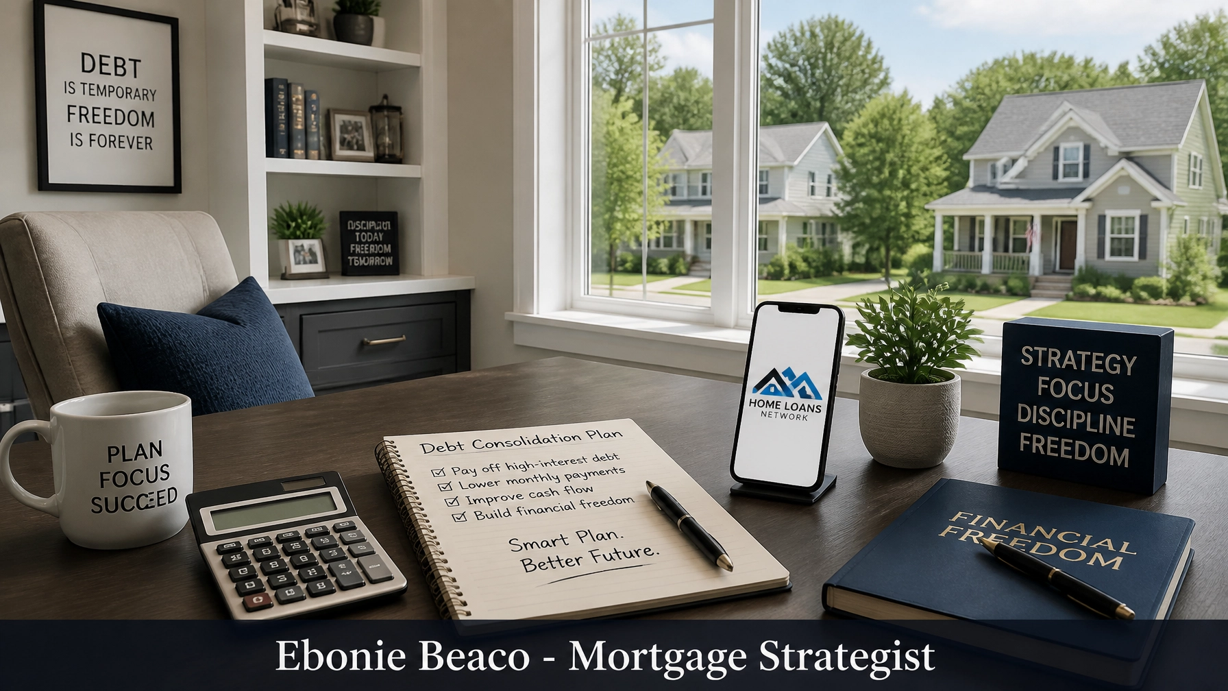 A professional image of a home office showing a calculator and notes for debt consolidation with the Home Loans Network logo on a smartphone. Ebonie Beaco - Mortgage Strategist branding at bottom.