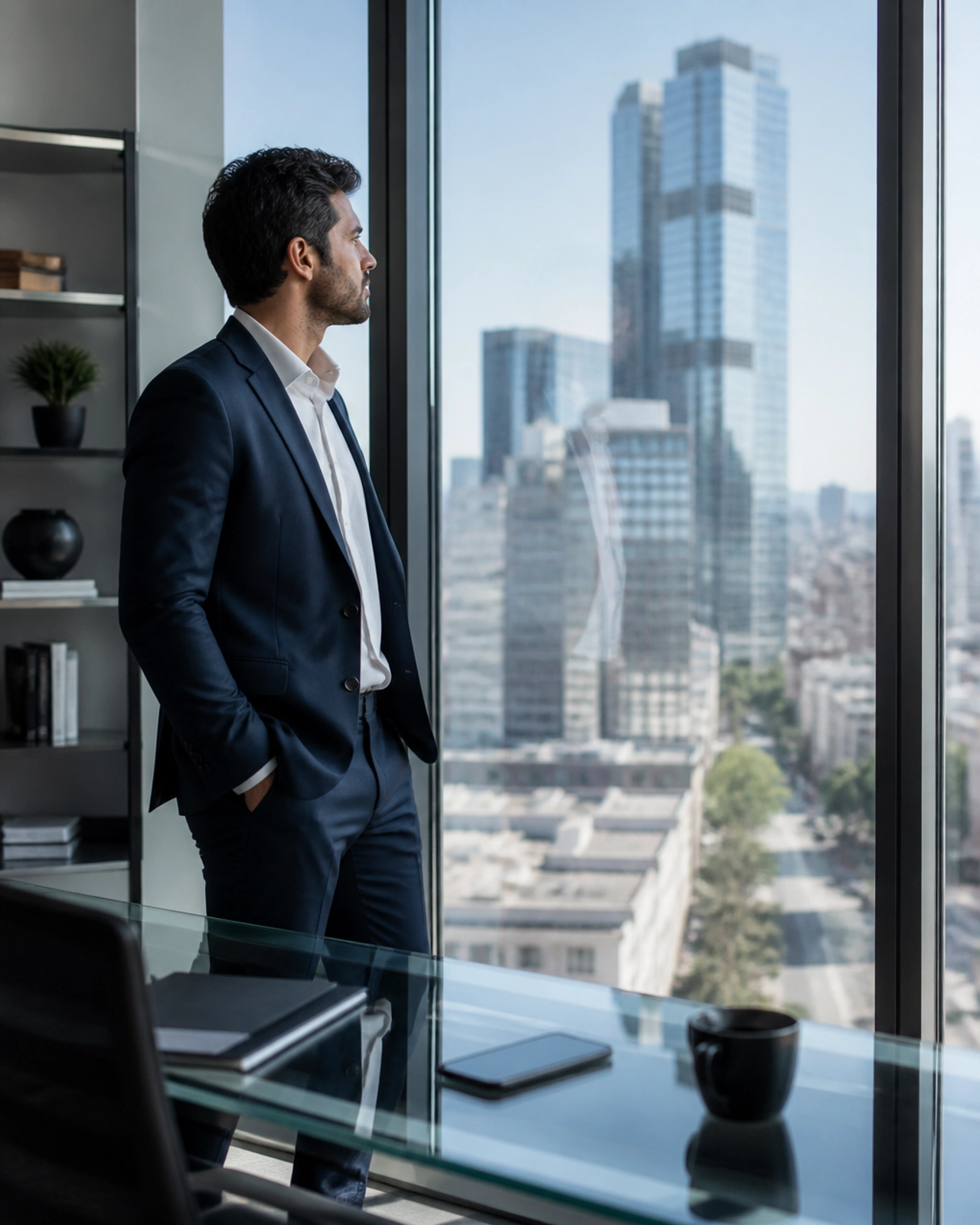 Professional real estate consultant looking out at a city skyline from a bright office