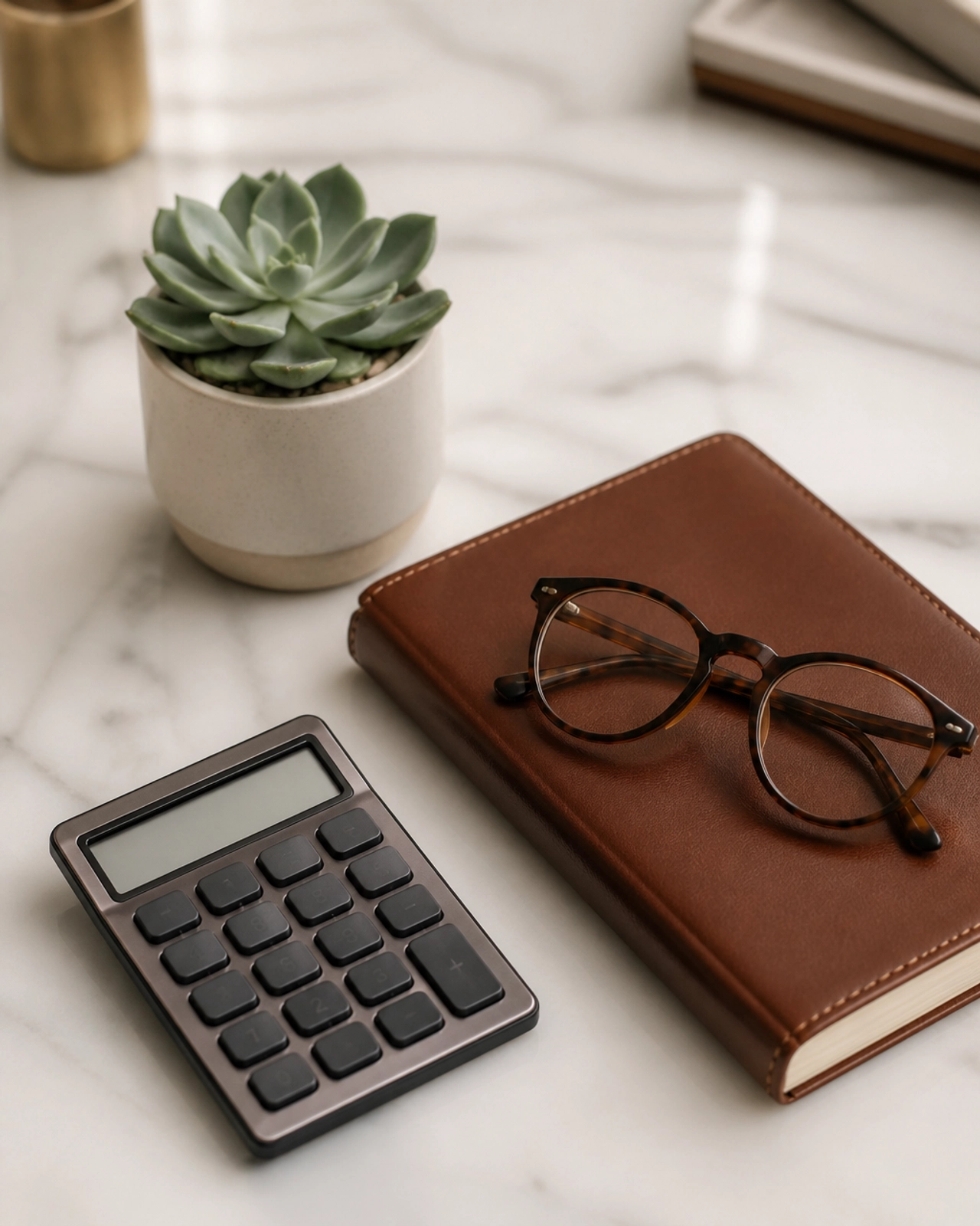 Minimalist image of a modern calculator and notebook on a marble desk
