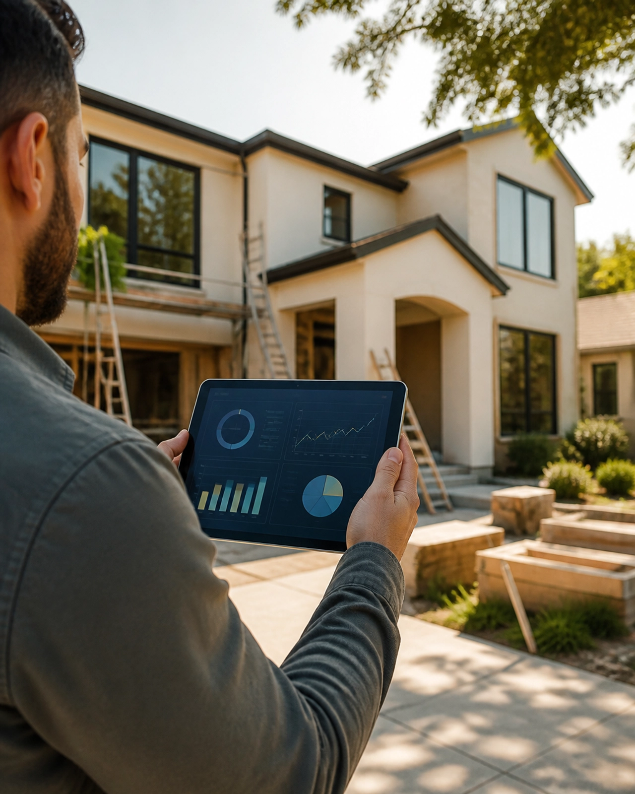 Real estate investor holding a tablet showing financial charts in front of a renovated home