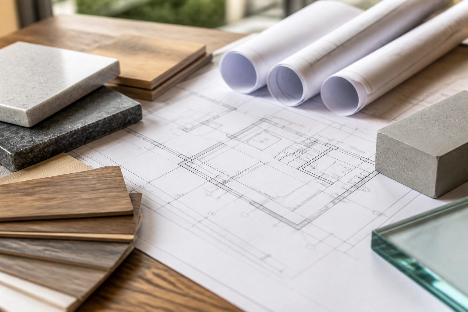 A close-up of construction materials and architectural blueprints, representing professional planning and development.