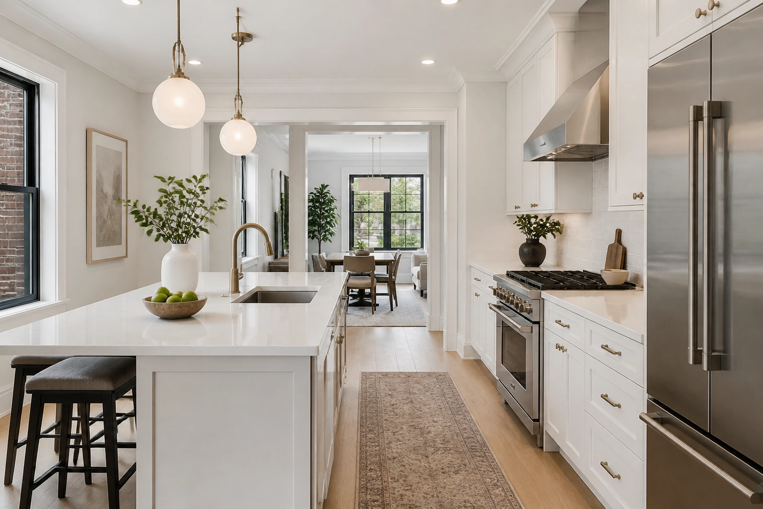 A modern, high-end kitchen renovation inside a classic Chicago bungalow featuring white cabinetry and quartz countertops.