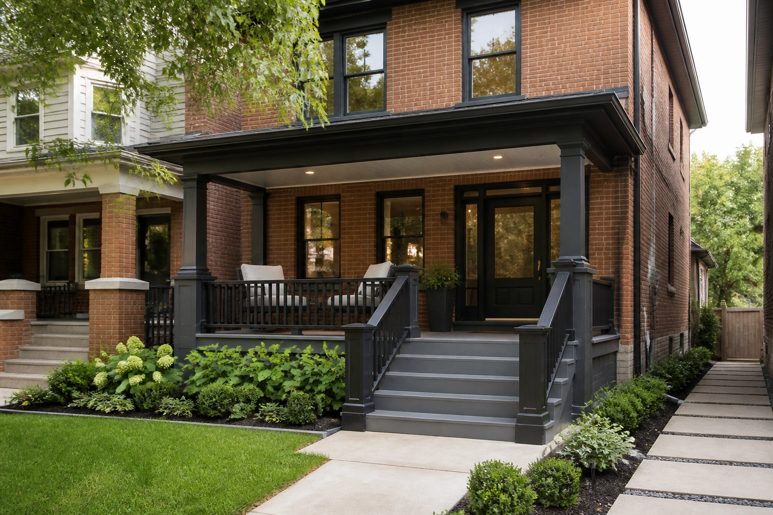 A professional exterior renovation of a Chicago home with fresh landscaping and modern architectural details.
