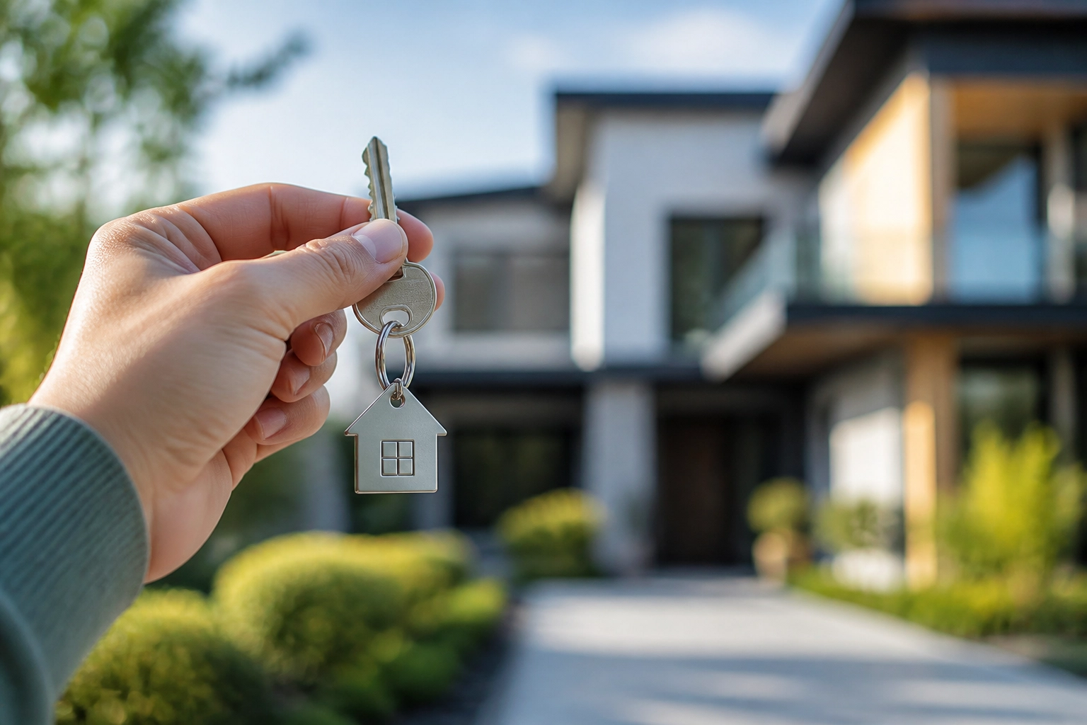 Hand holding a house key with residential background