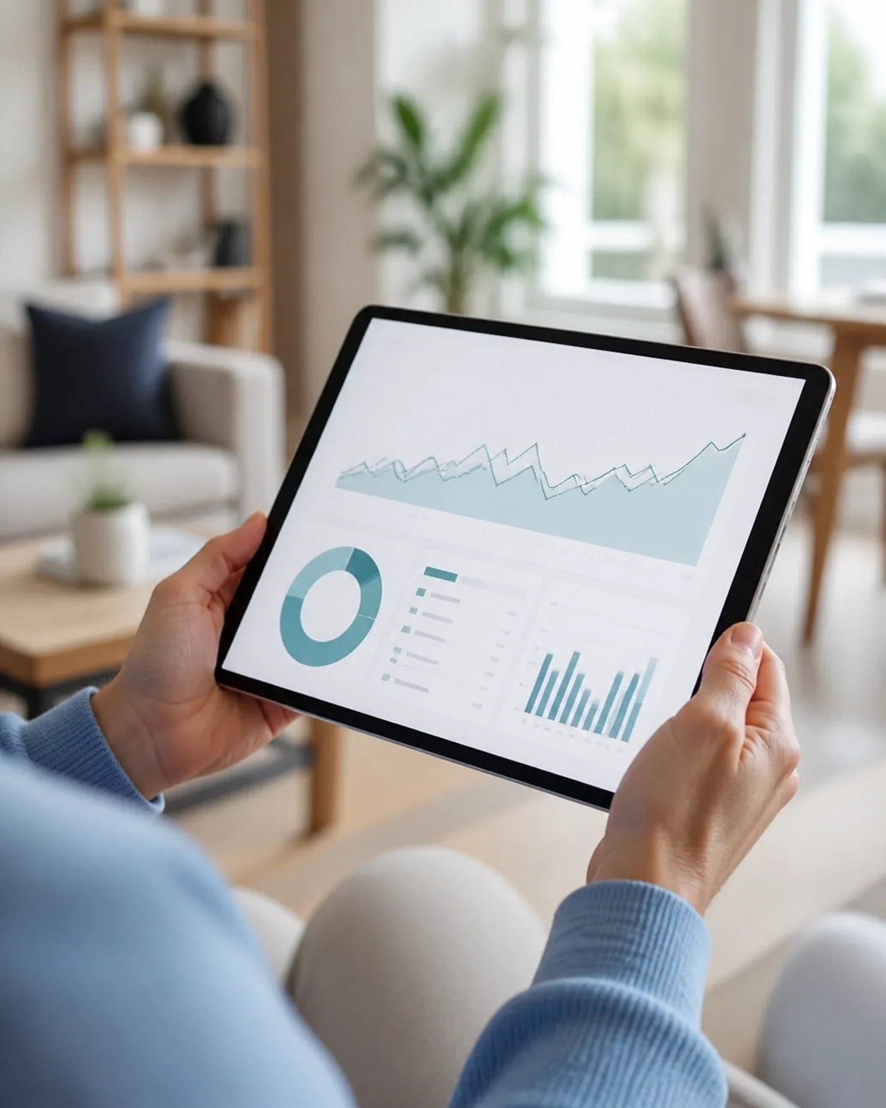 Close-up of a person's hands holding a sleek tablet showing a clean financial dashboard in a bright home