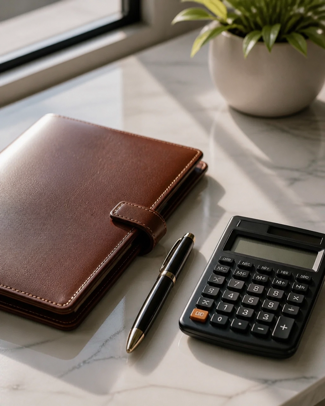 A leather-bound folder a high-quality pen and a financial calculator on a clean marble surface