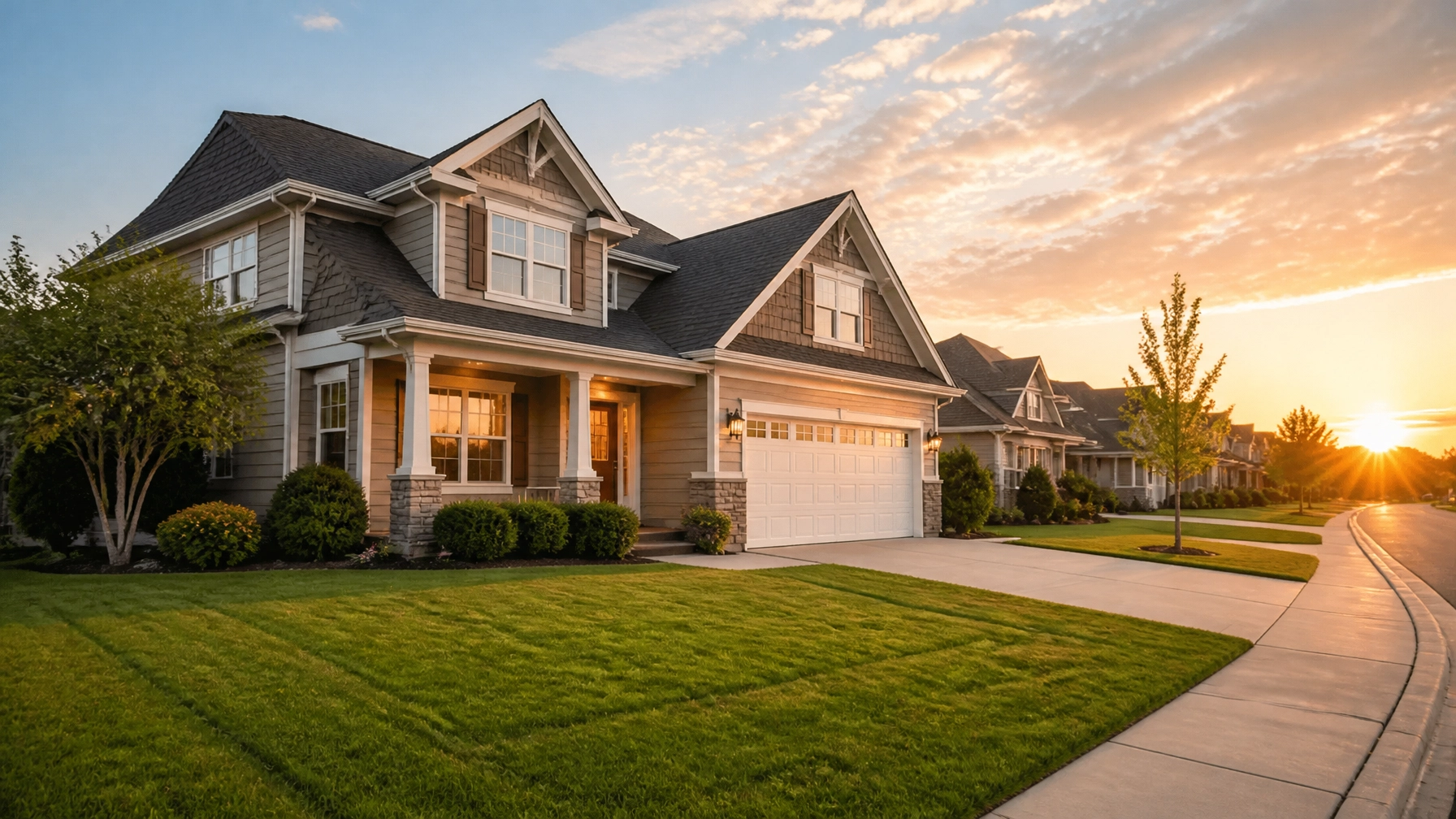 A wide-angle shot of a beautiful suburban home during the golden hour representing stability
