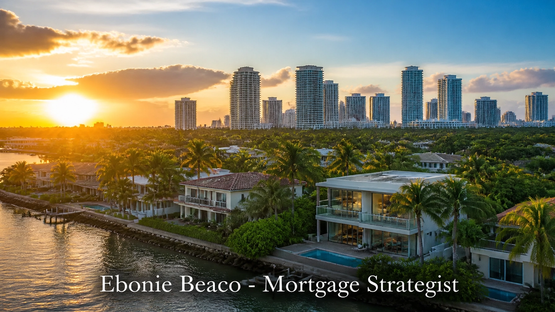 Sunrise over a coastal Florida city with modern homes and palm trees.