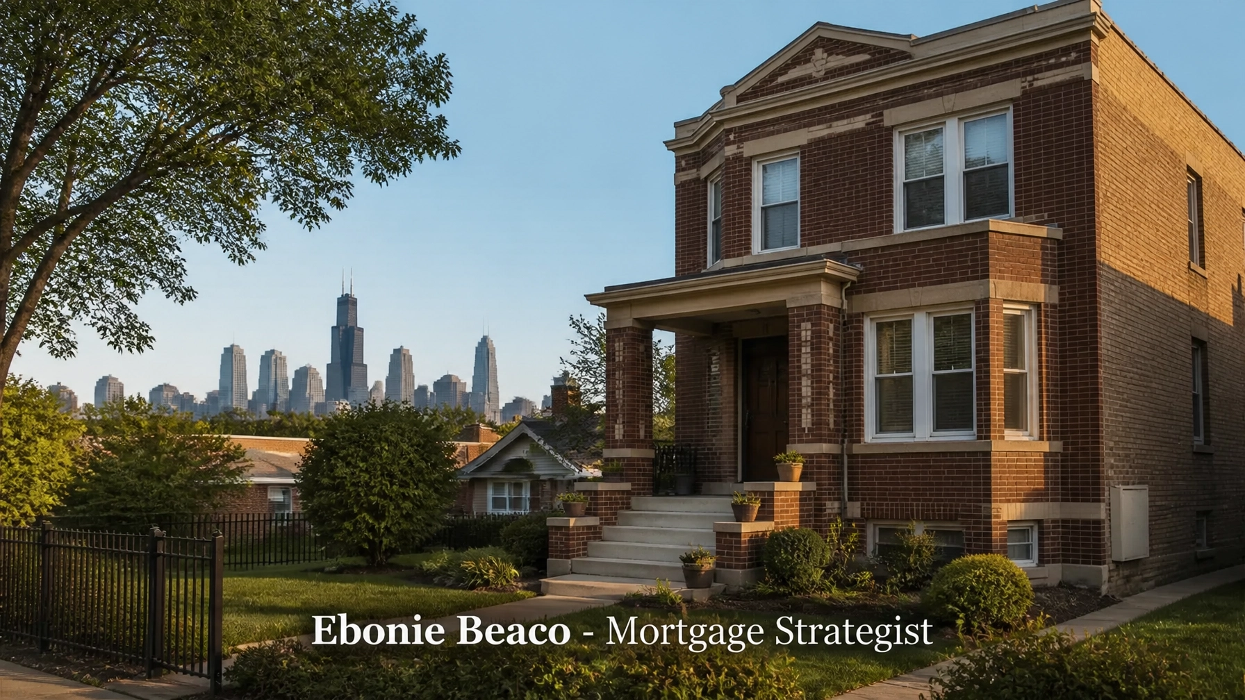 Chicago-style brick home with the city skyline visible in the distance.