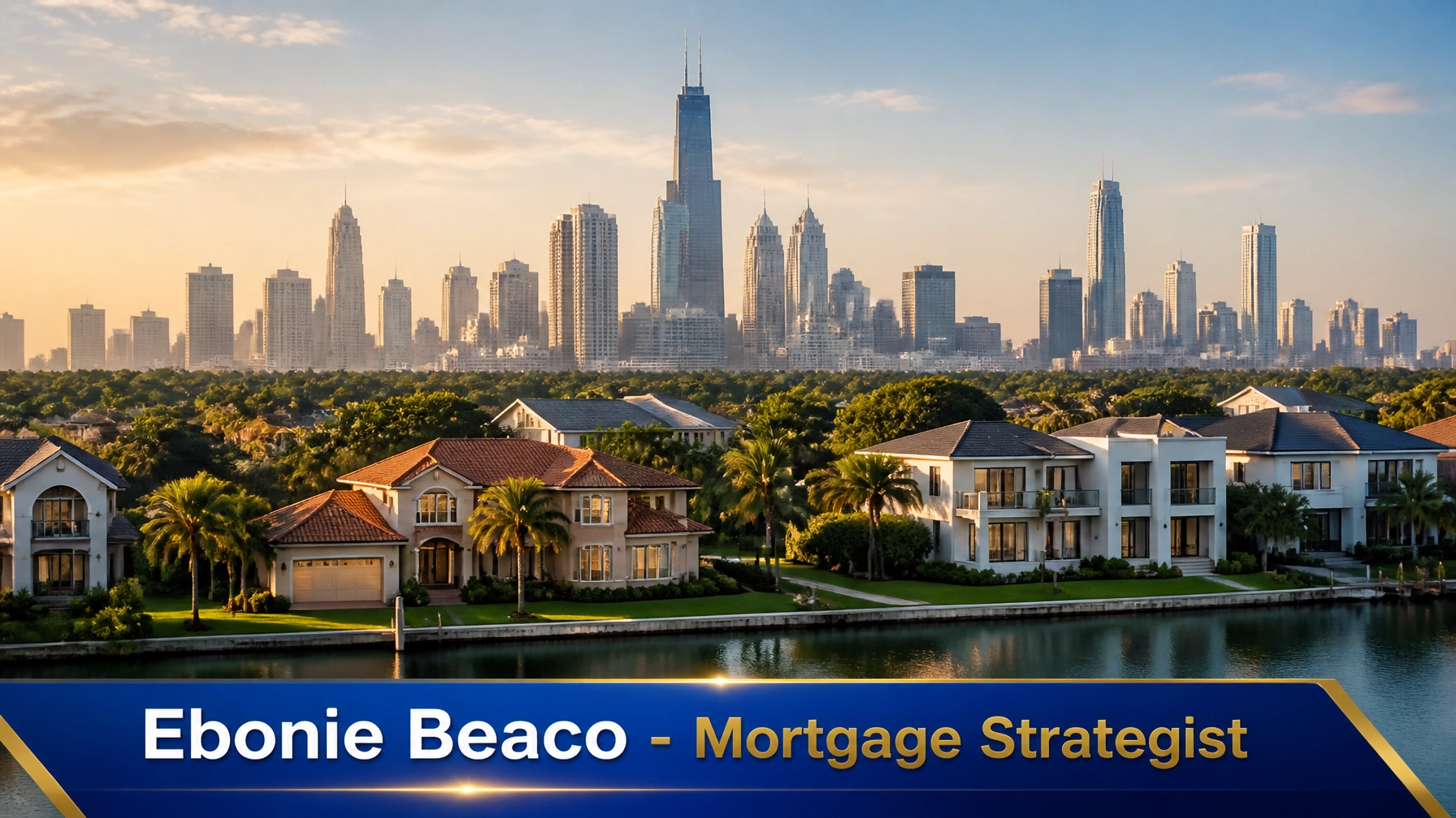 Residential landscape with Florida homes and Chicago skyline reflecting 7:00 AM news atmosphere