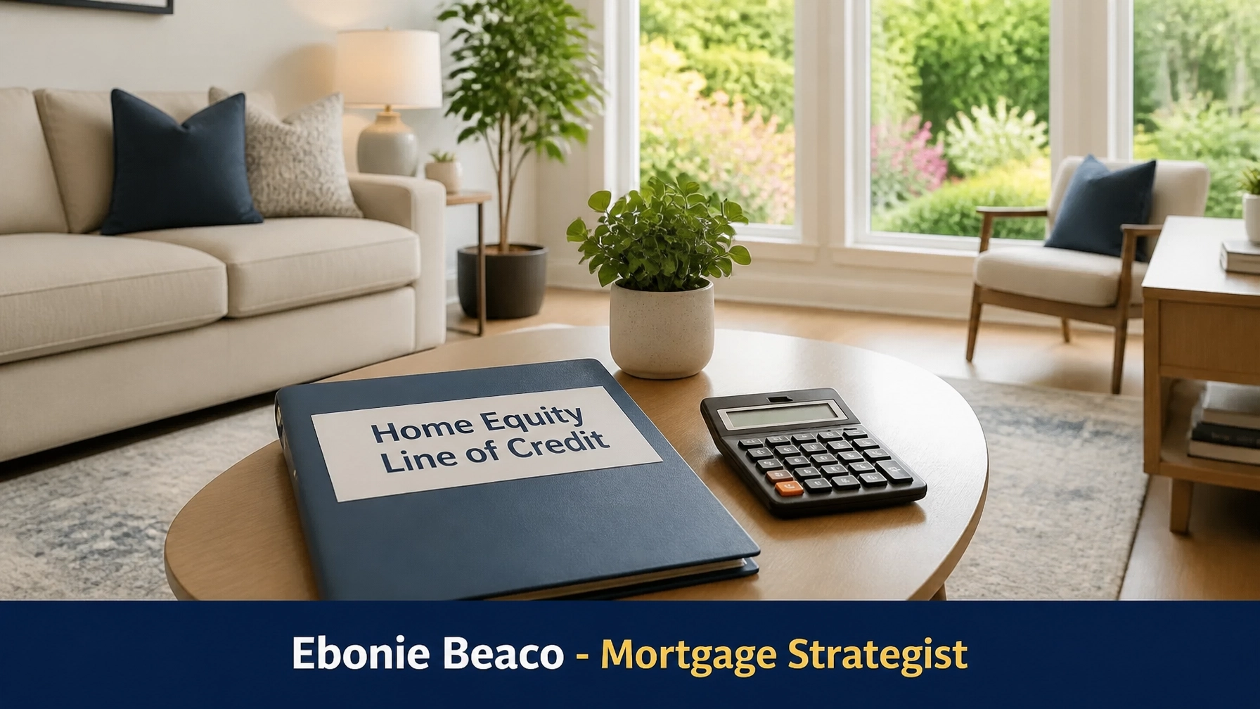 Comfortable living room with HELOC documents symbolizing home equity planning