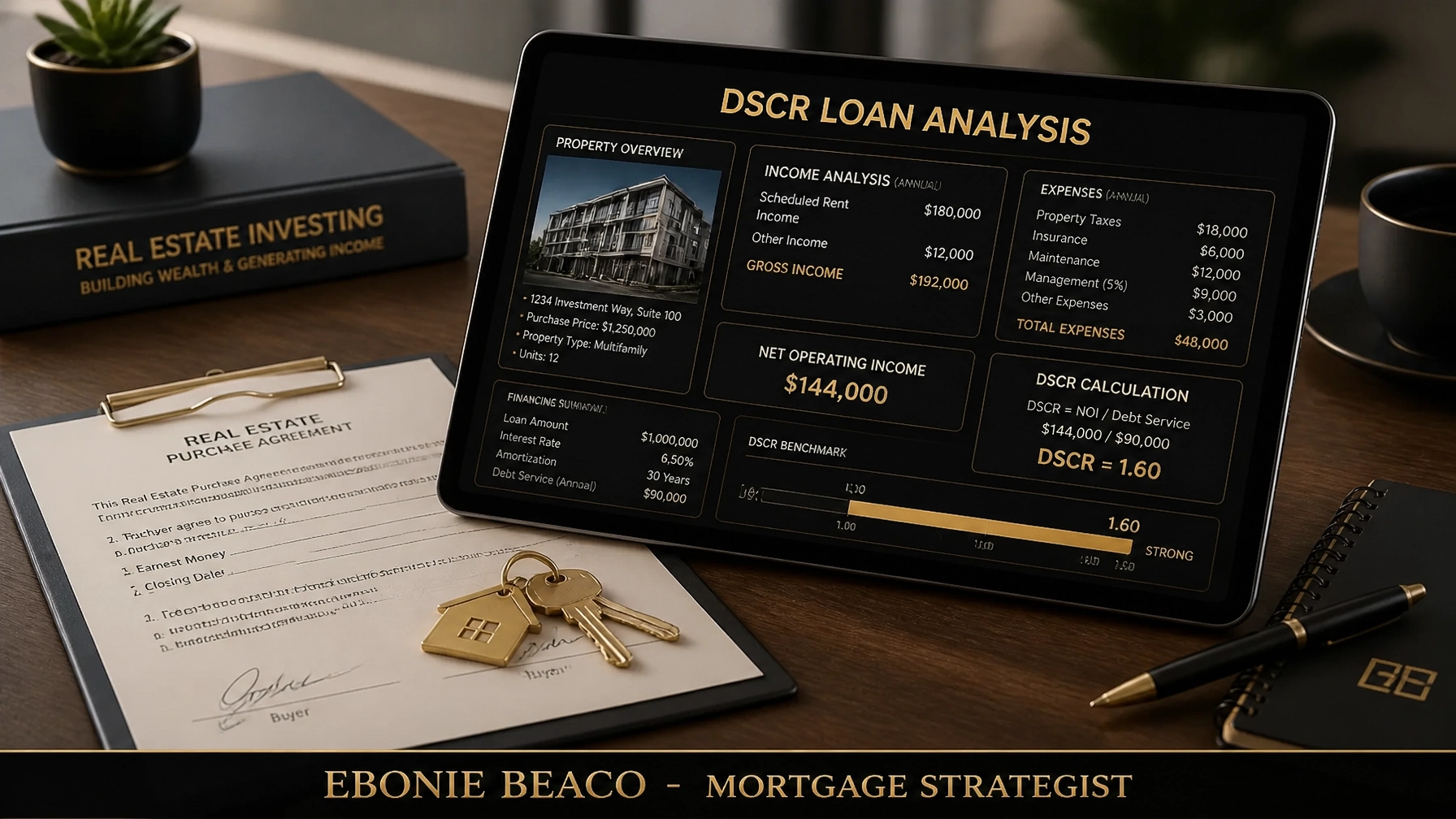Professional desk with DSCR loan analysis and property keys