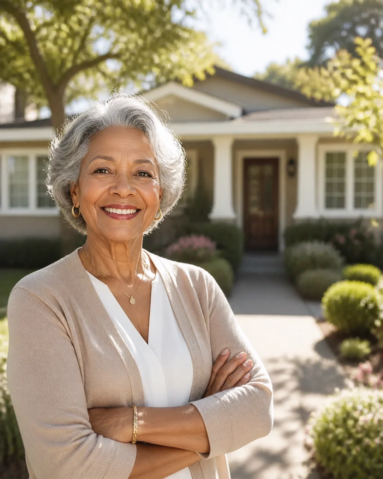 Senior woman smiling in front of her home