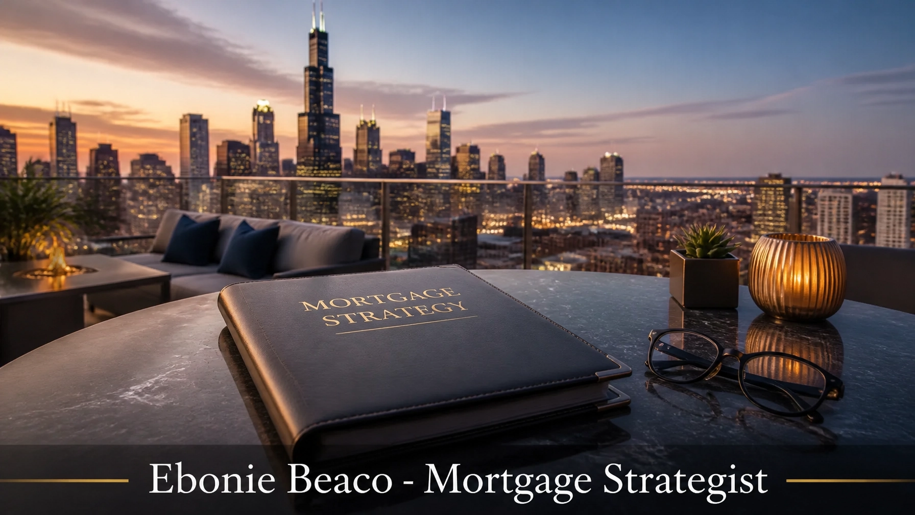 Chicago skyline view from a rooftop terrace with a mortgage strategy folder on the table
