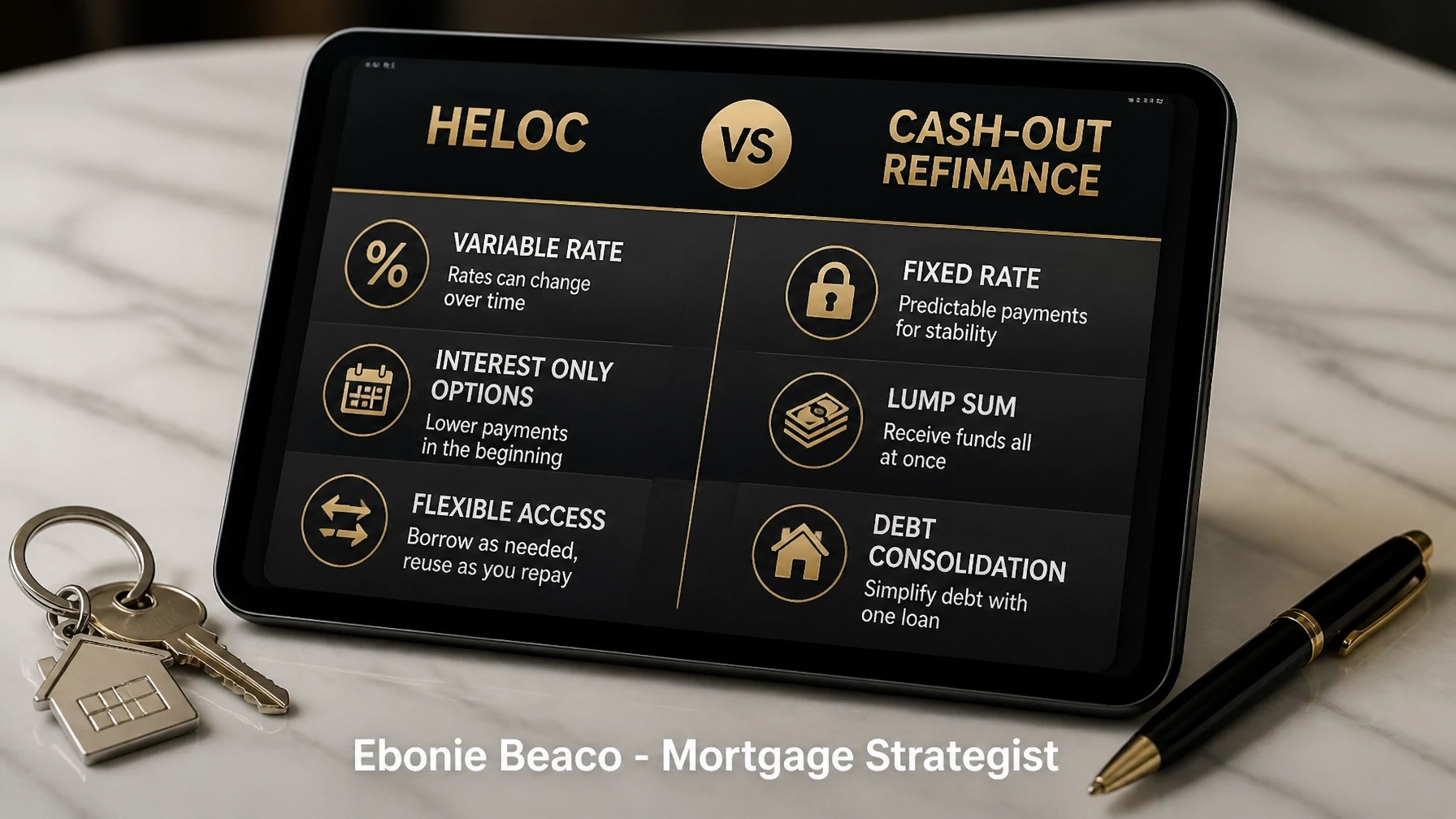 Financial comparison chart on a tablet showing the differences between HELOC and Cash-Out Refinance