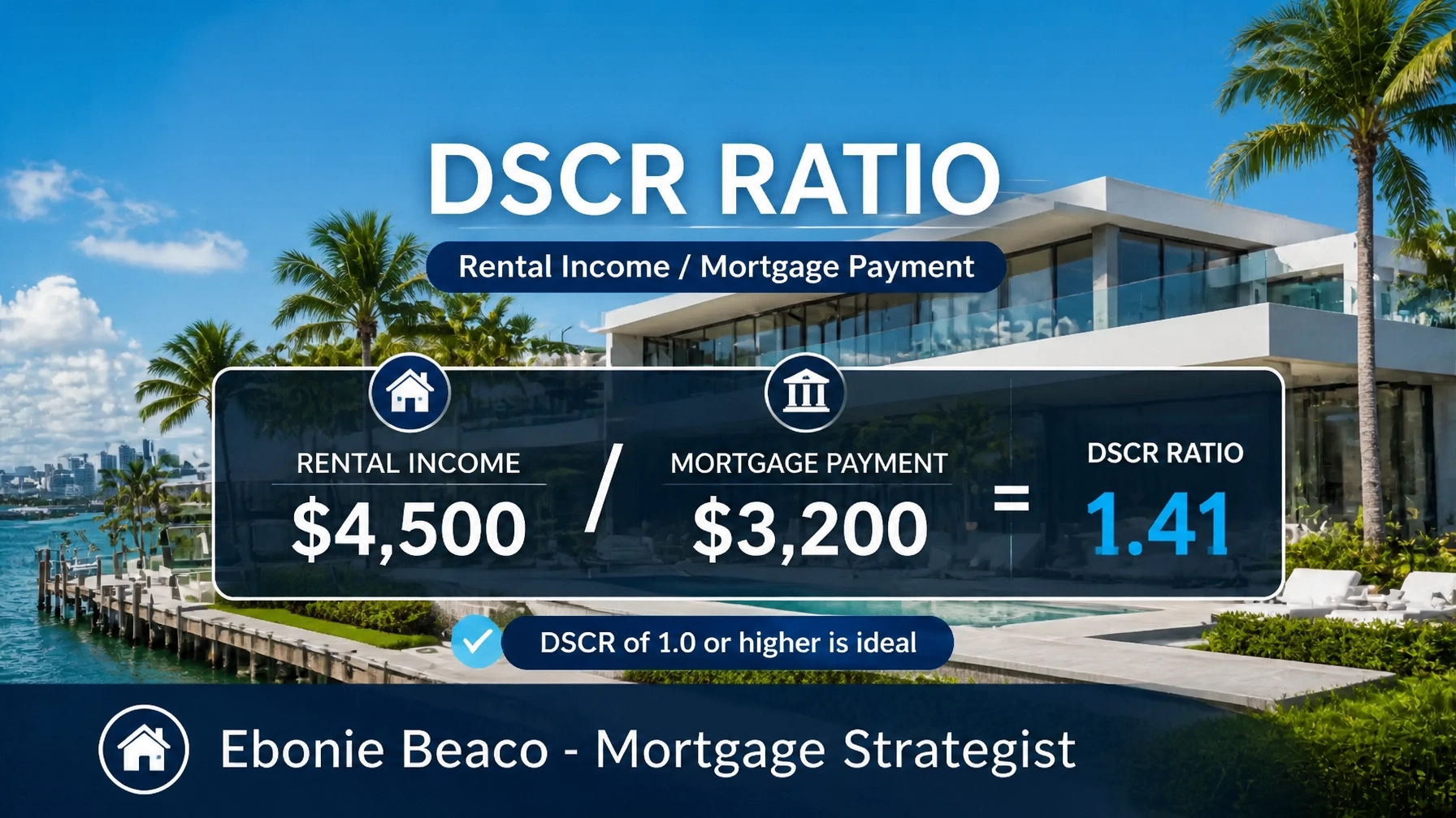 Modern Florida waterfront home with an overlay showing a DSCR calculation