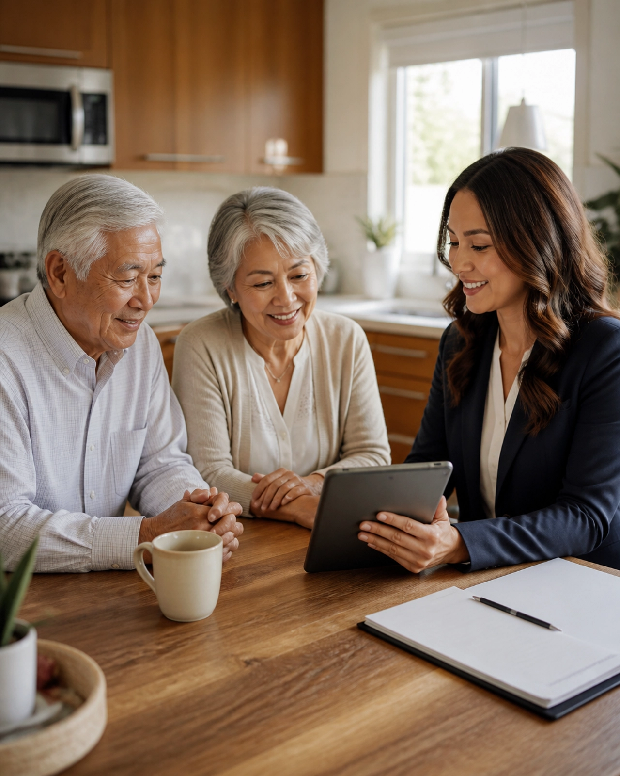Real estate professional consulting with a senior couple at home