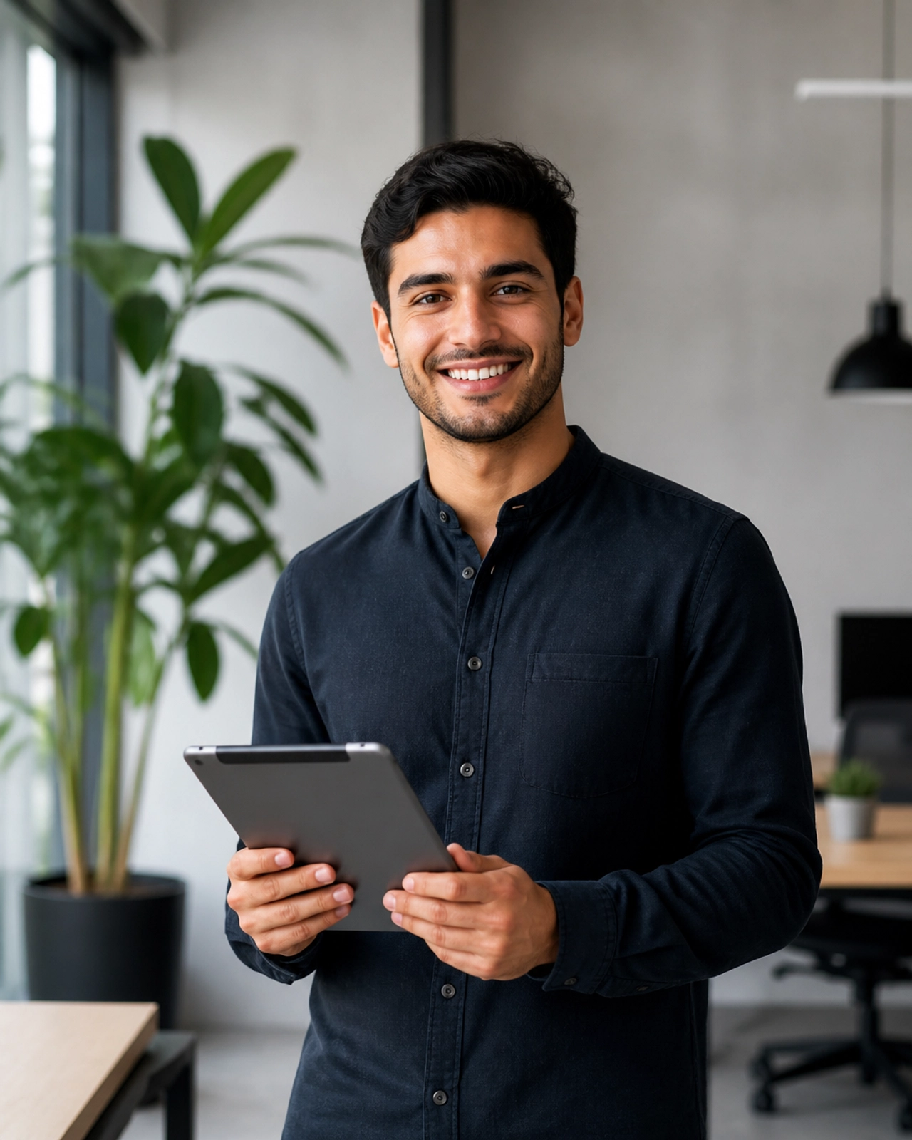 Young real estate entrepreneur holding a tablet in a modern office