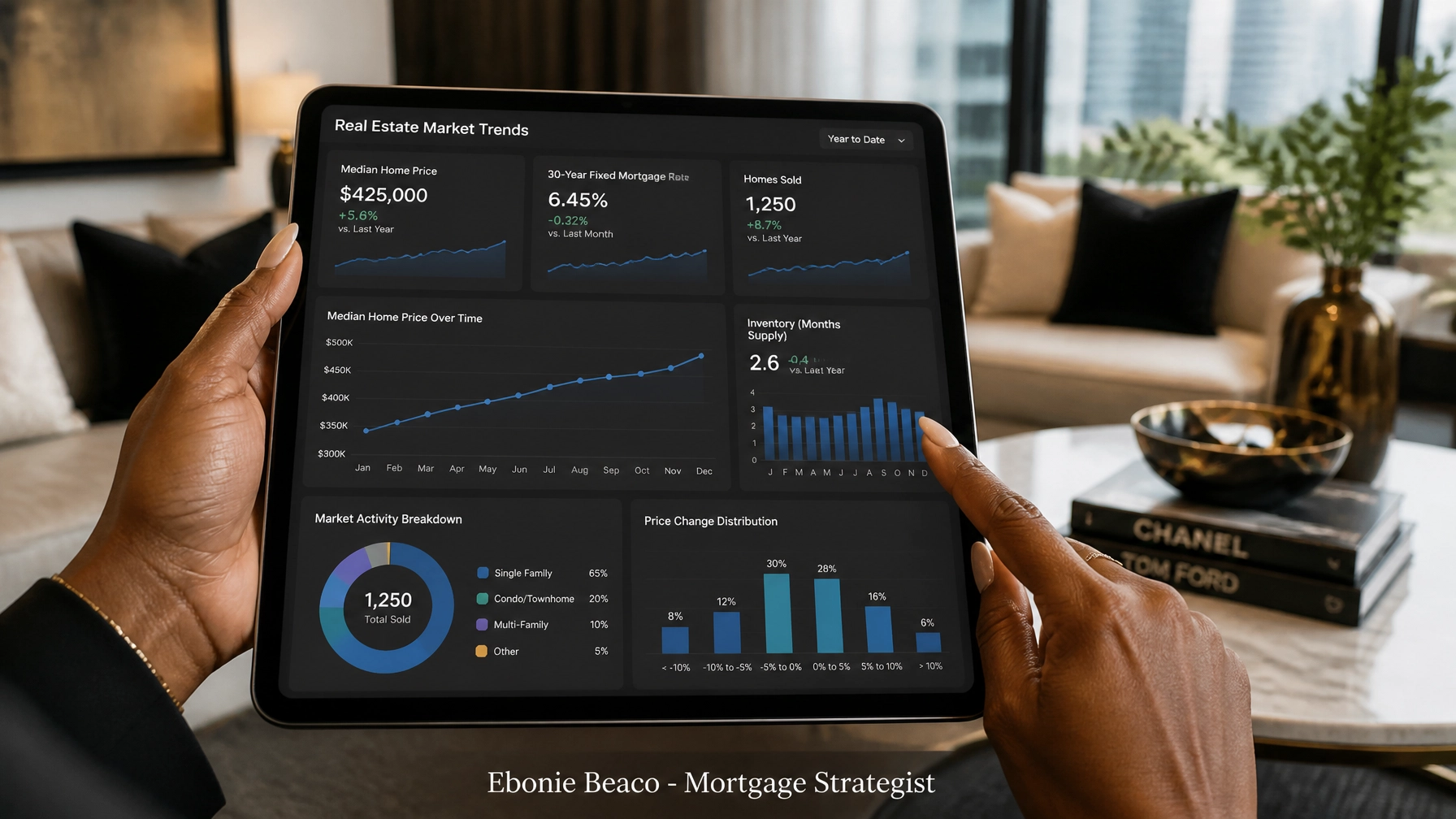 Professional analyzing market data on a tablet in a high-end setting