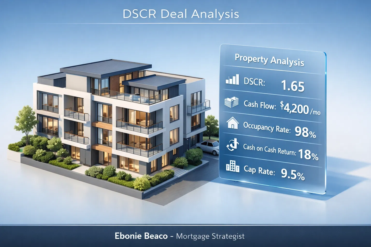 Modern multi-family apartment building with a DSCR deal analysis overlay showing key investment metrics