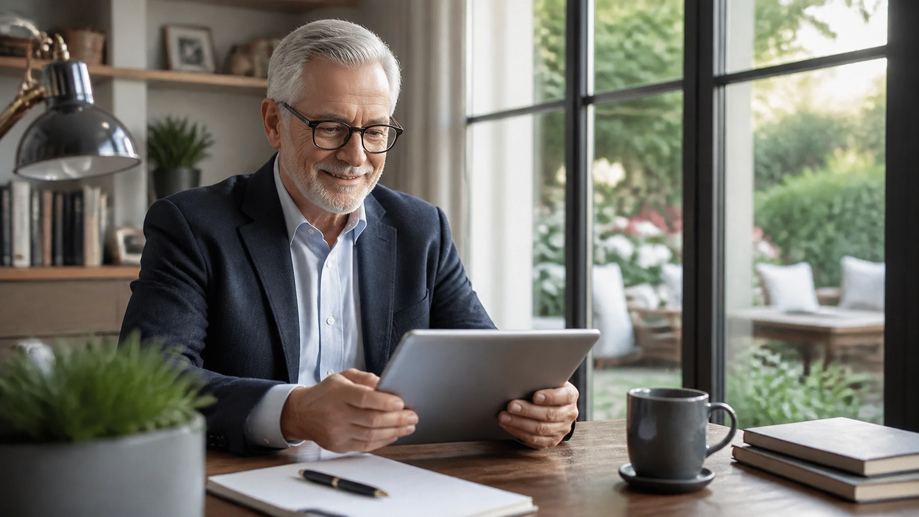 A senior investor smiling while looking at a tablet displaying a clean real estate deal analysis dashboard