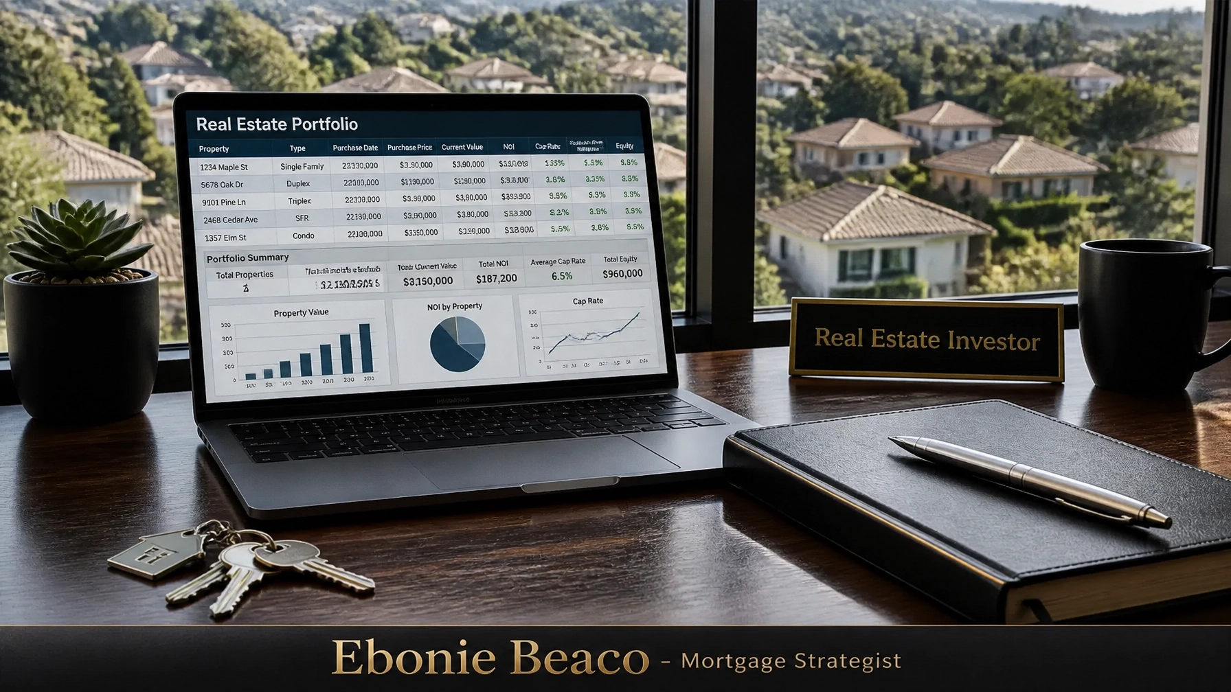 Investor desk with laptop and house keys overlooking a suburban neighborhood