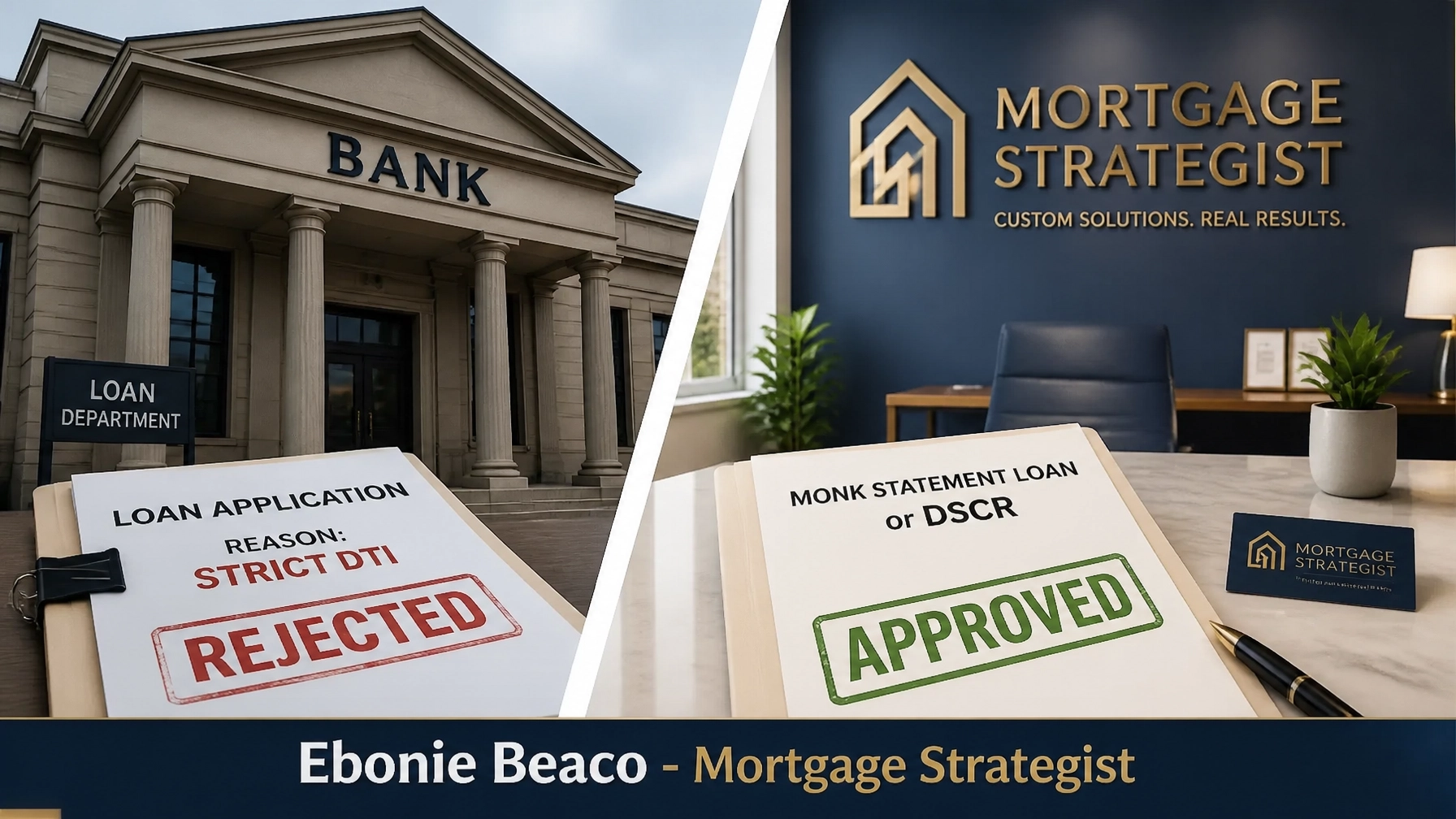 A comparison showing the difference between a big bank rejection and a mortgage strategist approval for specialized loan programs.
