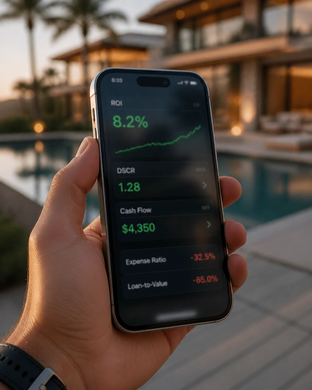 Hand holding a mobile device with investment metrics in front of a luxury home