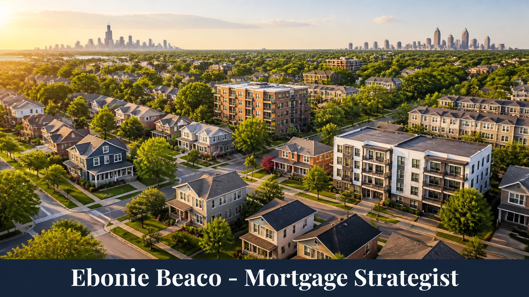 An aerial landscape view of a thriving residential neighborhood with a mix of single-family homes and small multi-unit buildings.