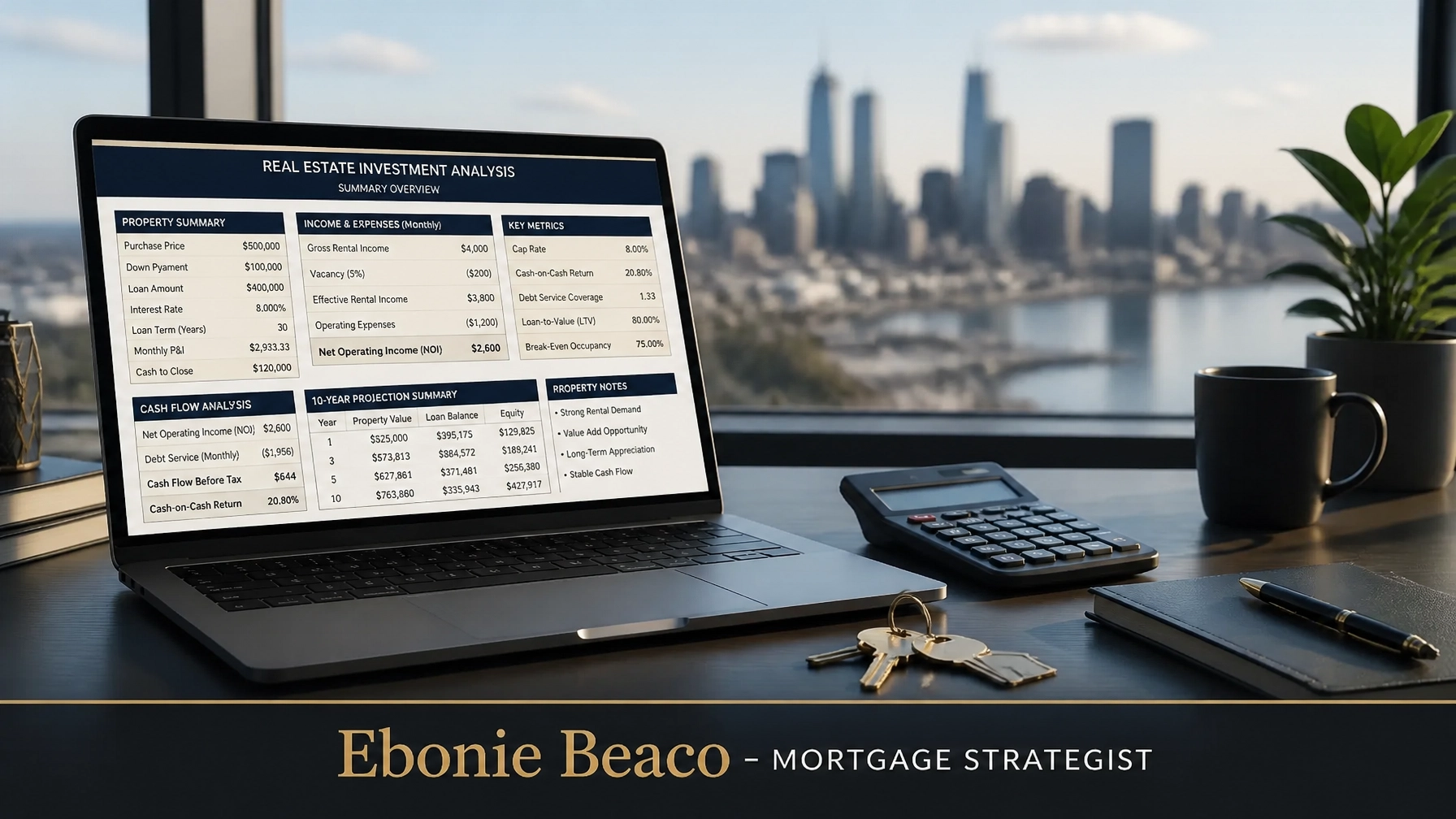 Professional workspace with real estate spreadsheets and laptop