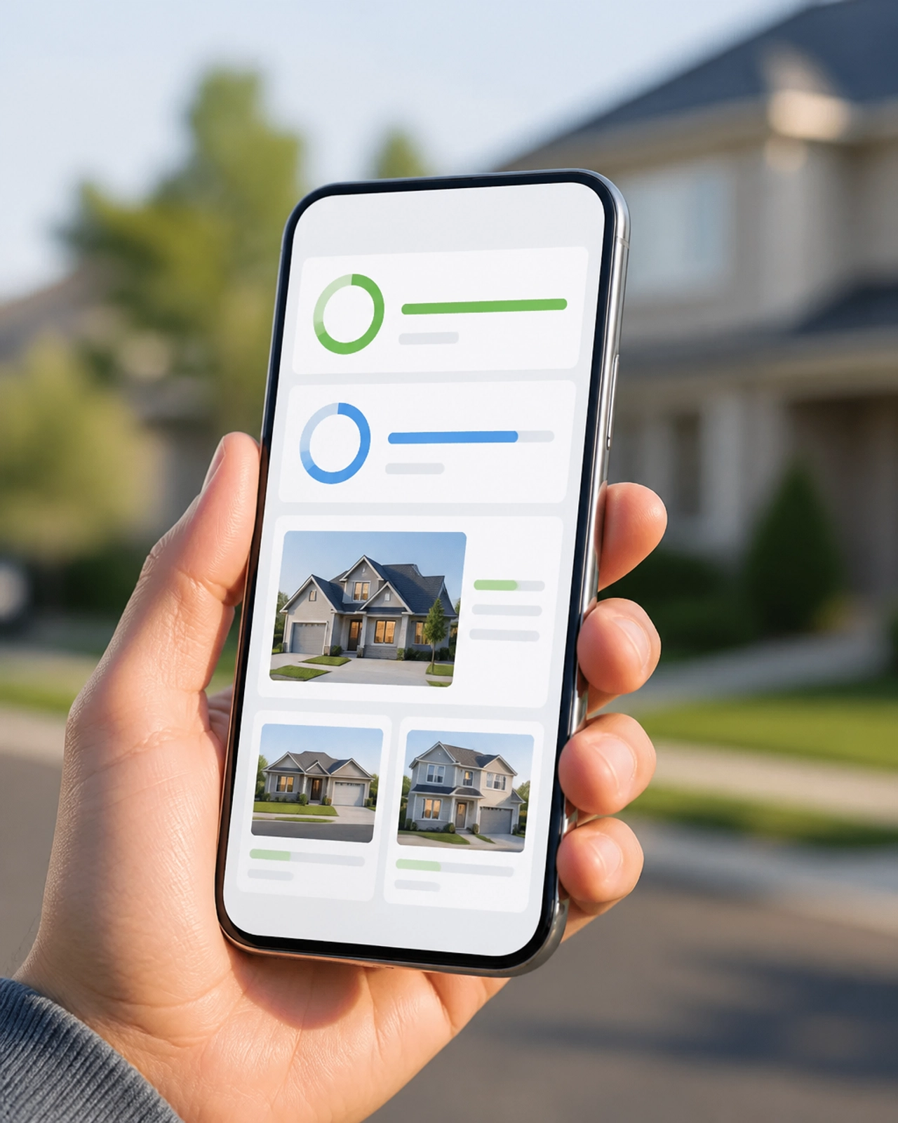 A close-up of a modern smartphone displaying a real estate investment dashboard with neighborhood views in the background