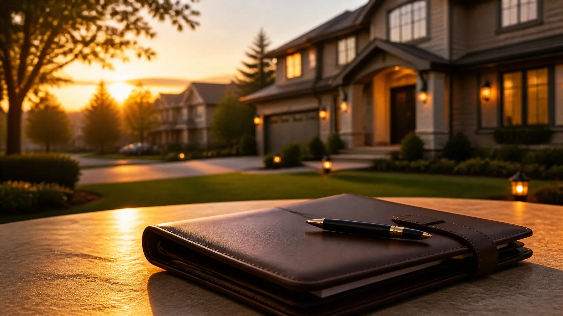A beautiful modern home at golden hour with a professional leather folder and pen in the foreground