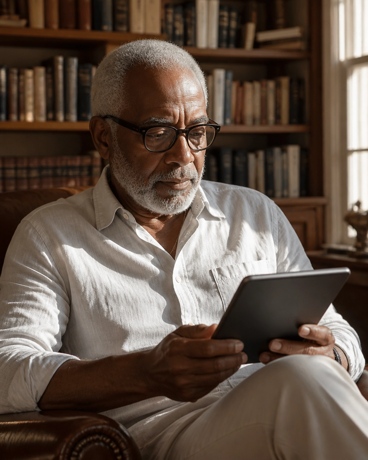 A senior investor thoughtfully reviewing property data on a tablet in a well-lit home library
