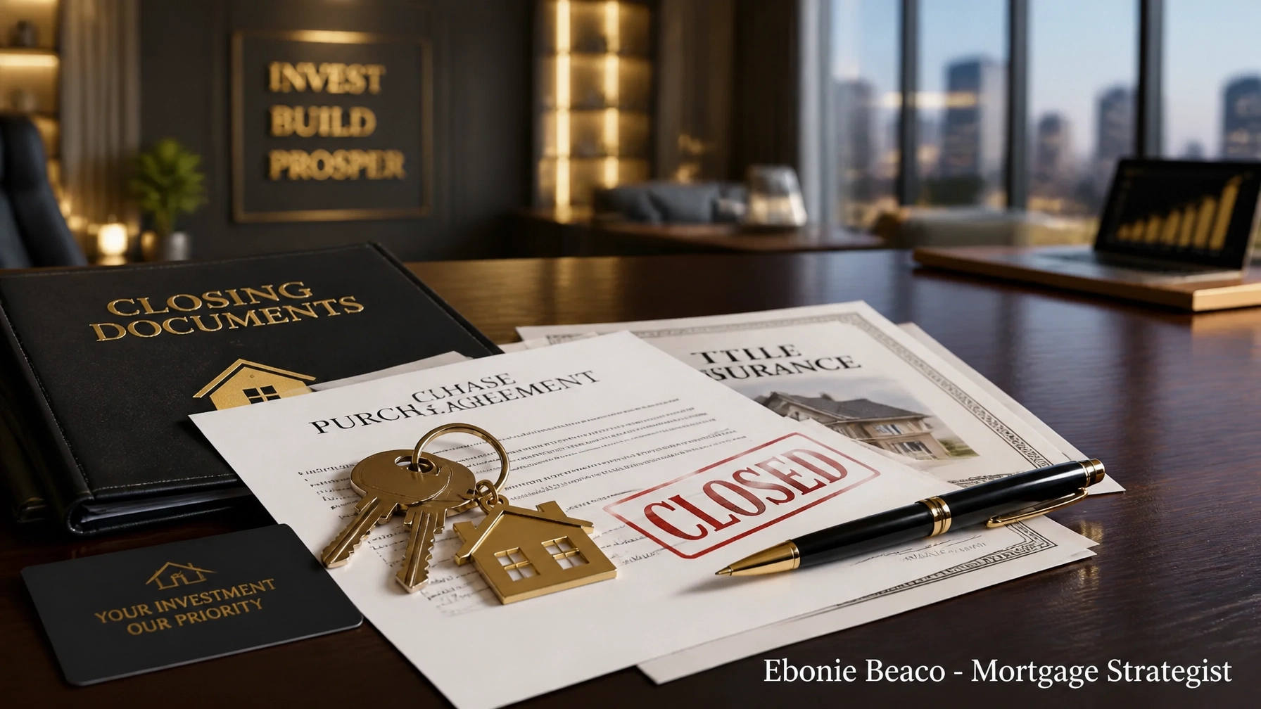 Real estate documents and keys on a desk representing the successful closing of a mortgage deal