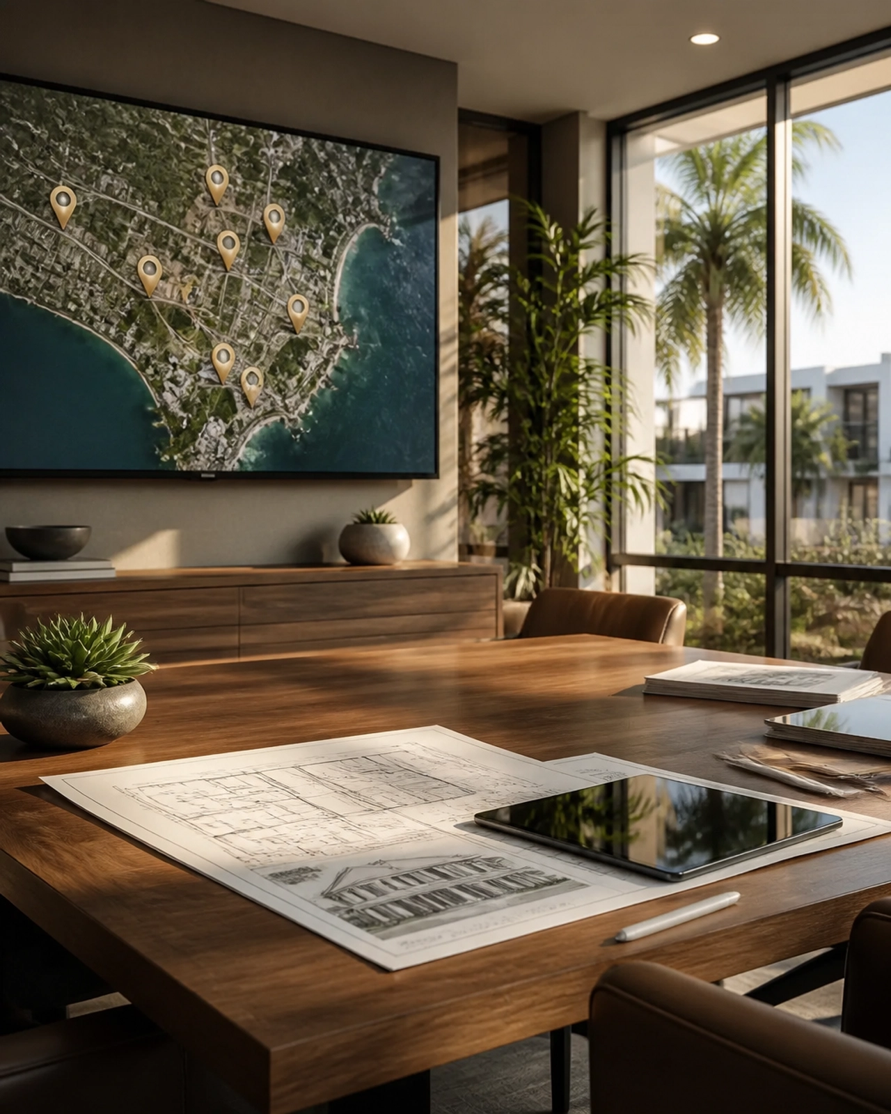 Modern real estate office with property map