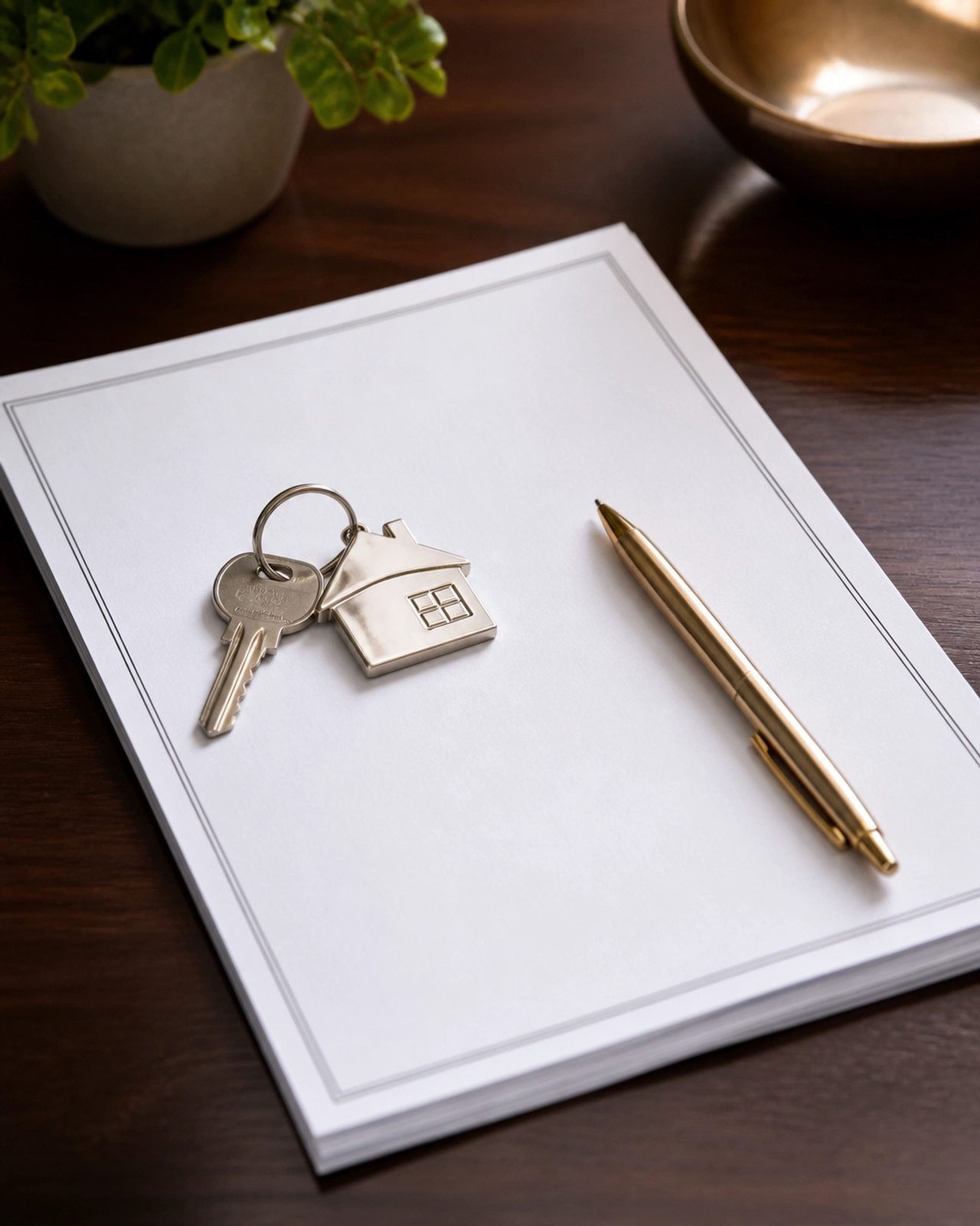 House keys and gold pen on settlement documents