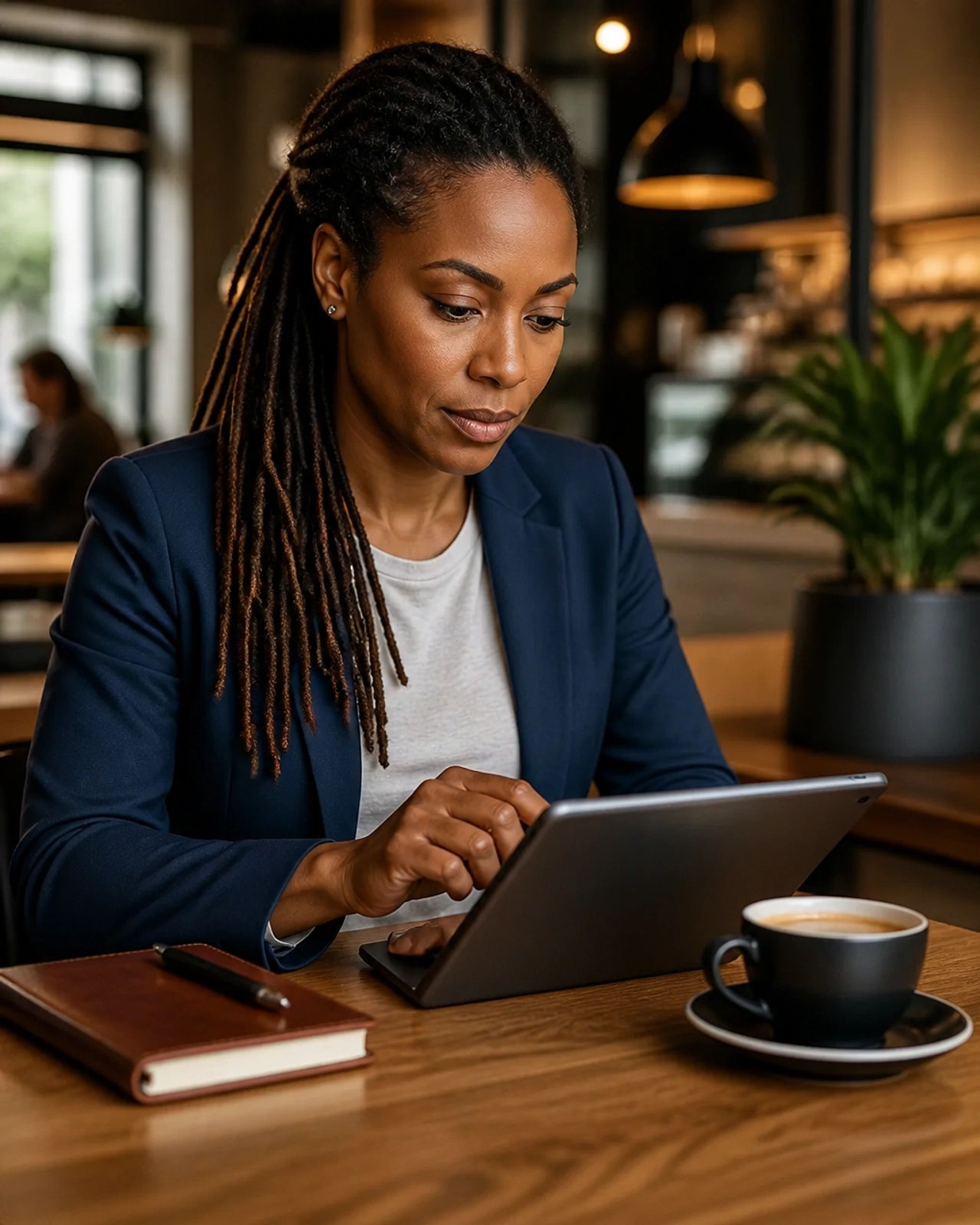Professional investor reviewing documents on a tablet