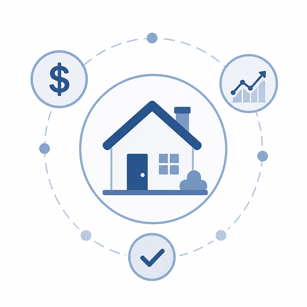 Minimalist graphic showing data icons connecting to a house icon.