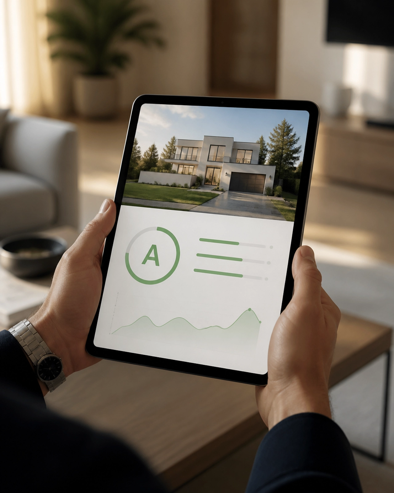 A person holding a tablet displaying a property analysis and an 'A' grade.