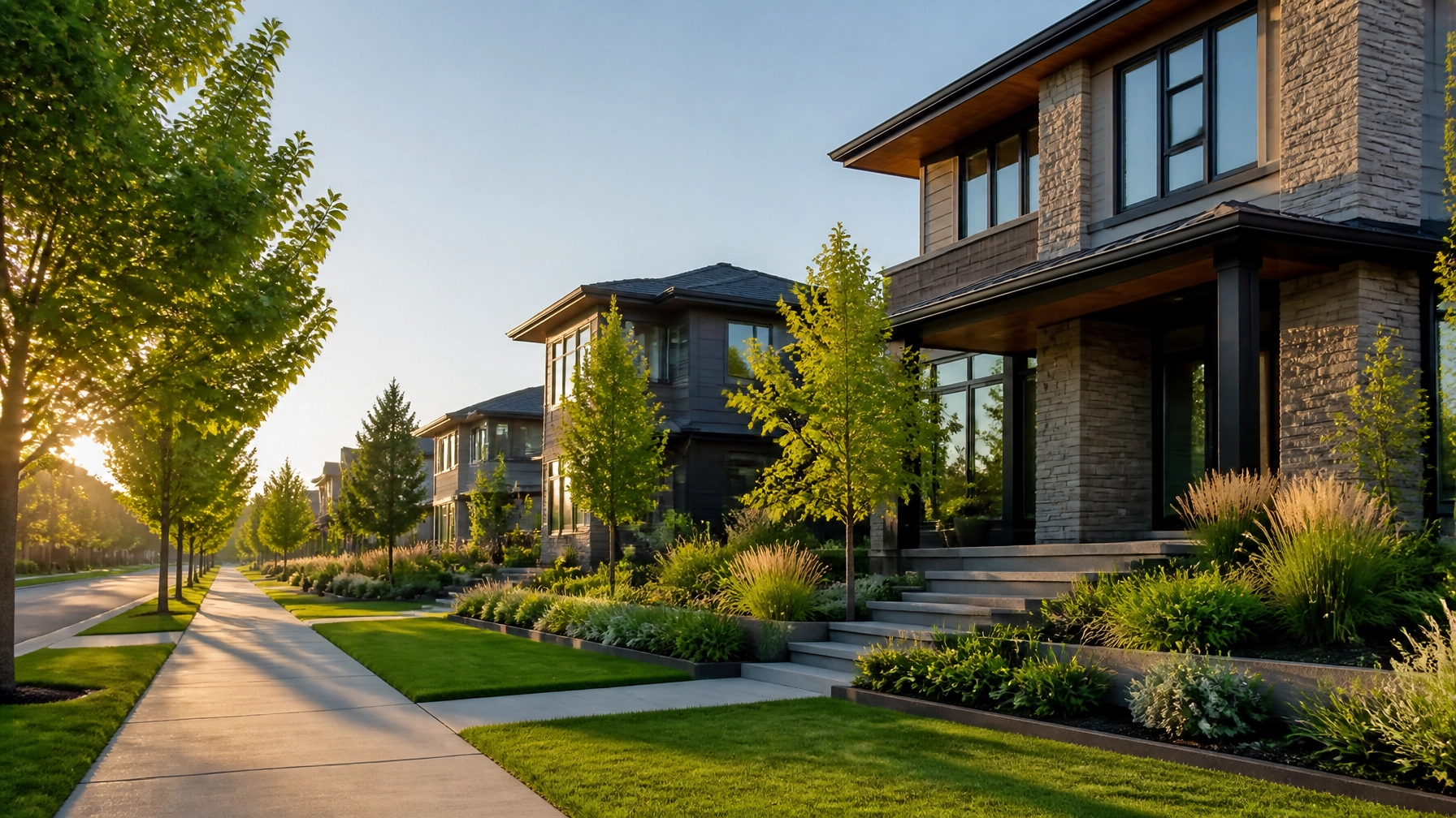 A peaceful, modern residential street representing stable real estate assets.