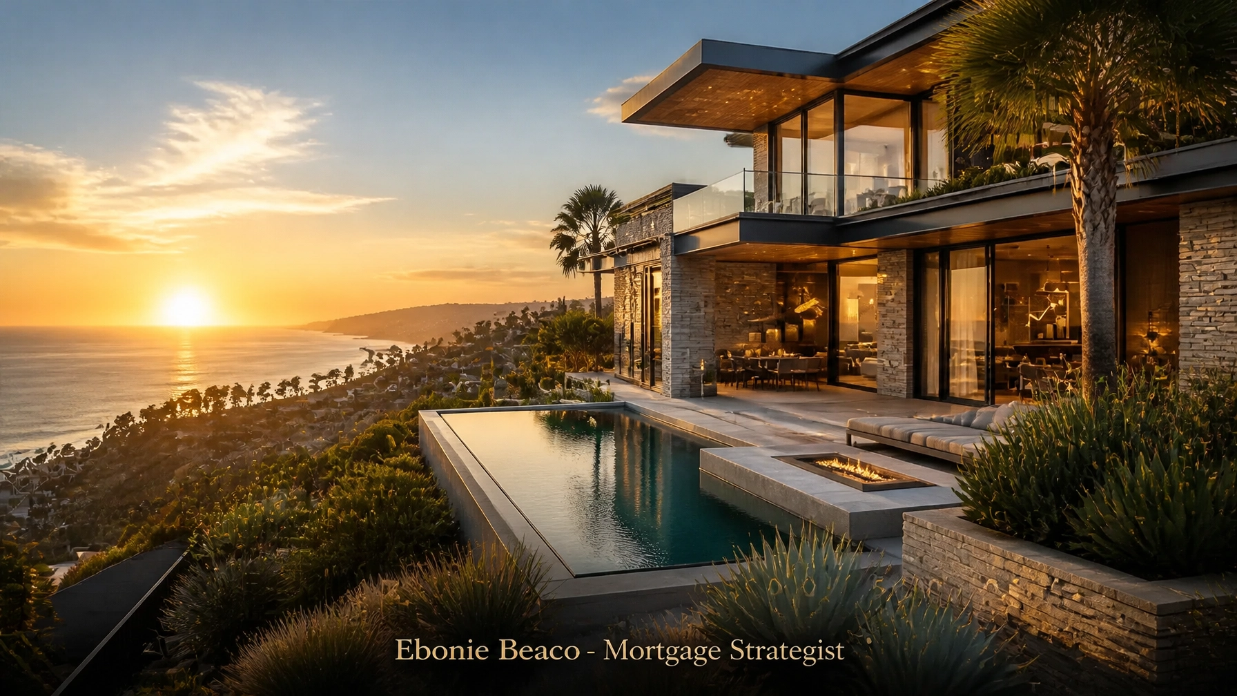 A luxury contemporary home in California overlooking the Pacific coast at sunset.