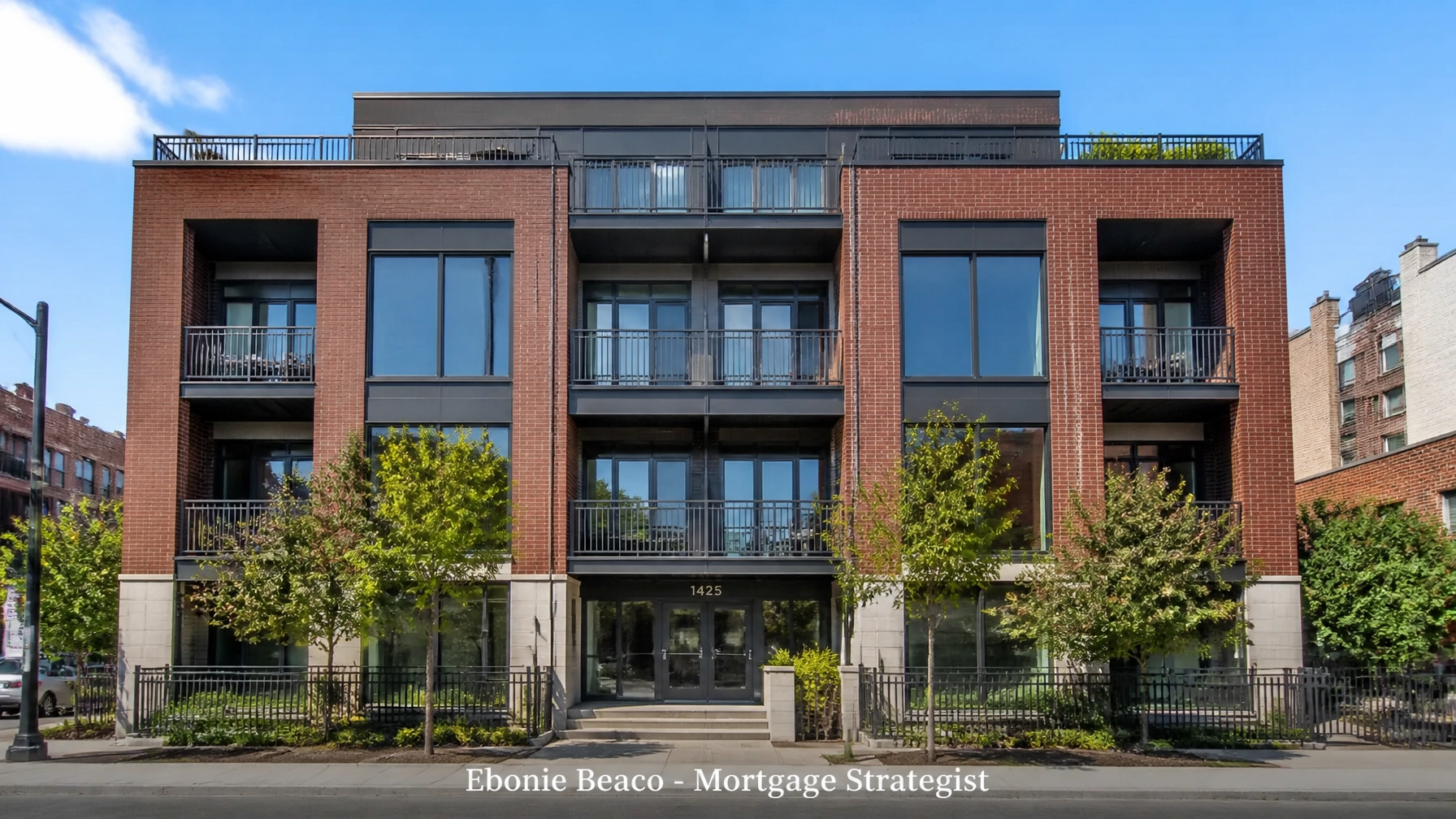 A modern multi-unit apartment building in a vibrant Chicago neighborhood.